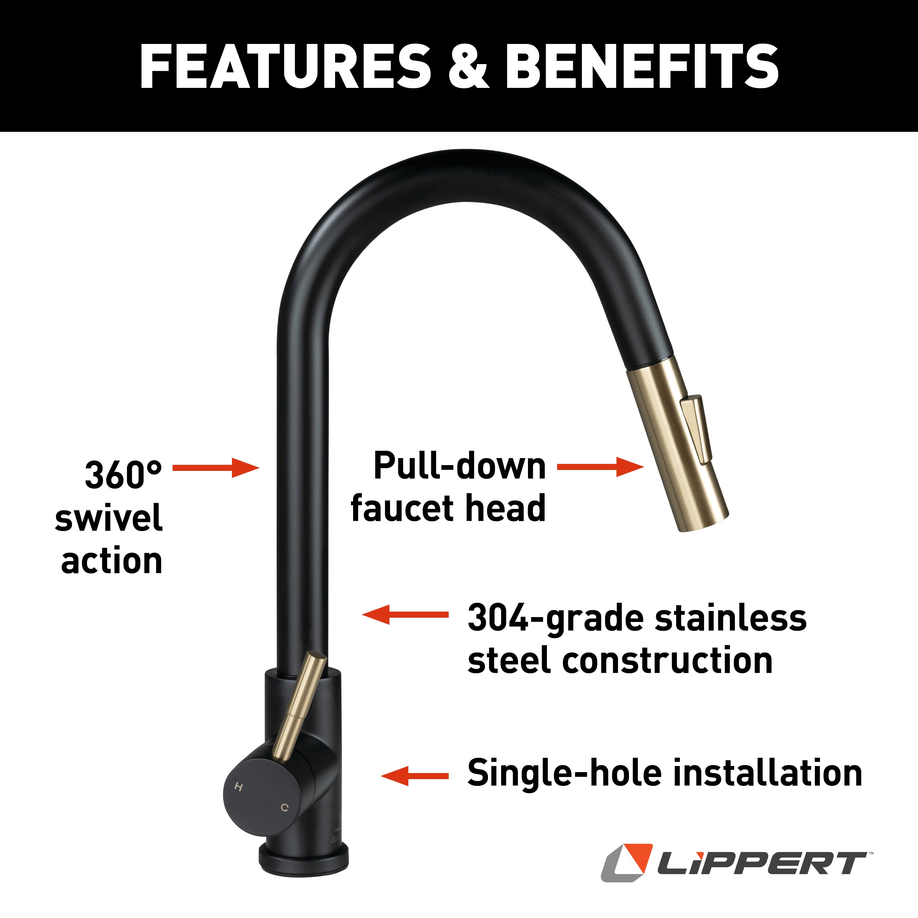 Lippert - Flow Max Bullet Pull-Down Kitchen Faucet - Black Matte / Satin Bronze #2024000071 - Image 3