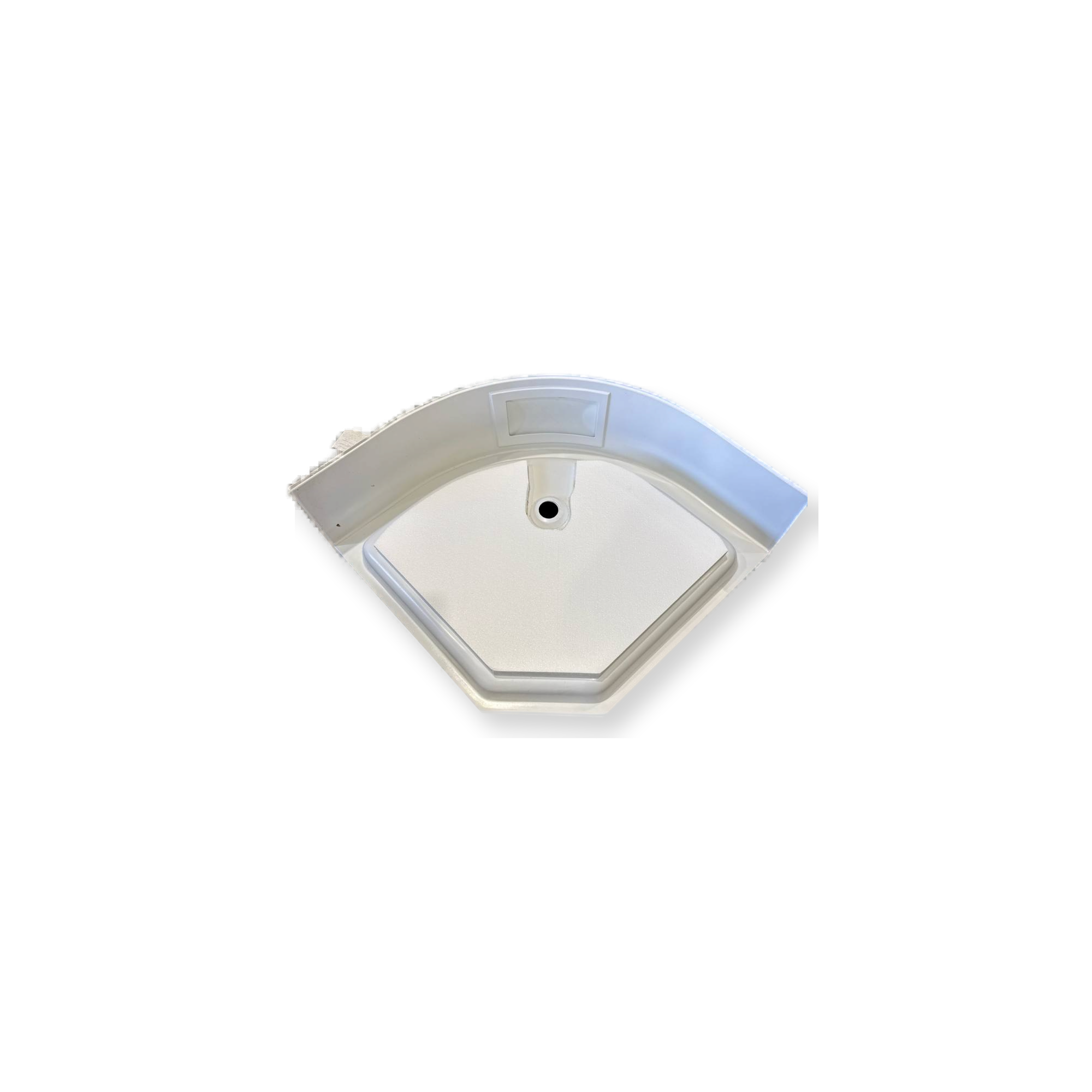 Lippert 209415 white round front RV shower pan showing drain and back wall