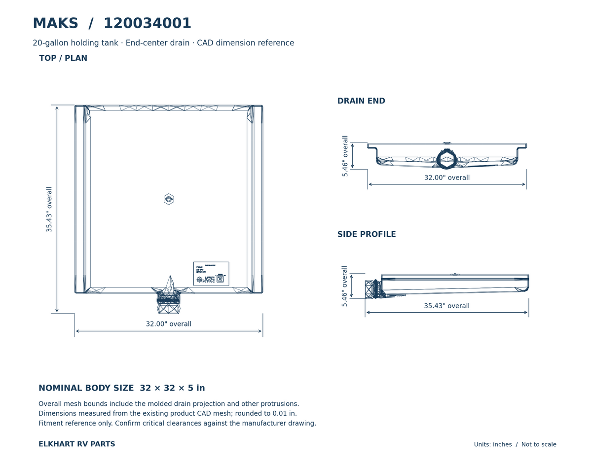 MAKS 120034001 — dimensioned CAD reference showing top, drain end and side; nominal body 32 x 32 x 5 inches