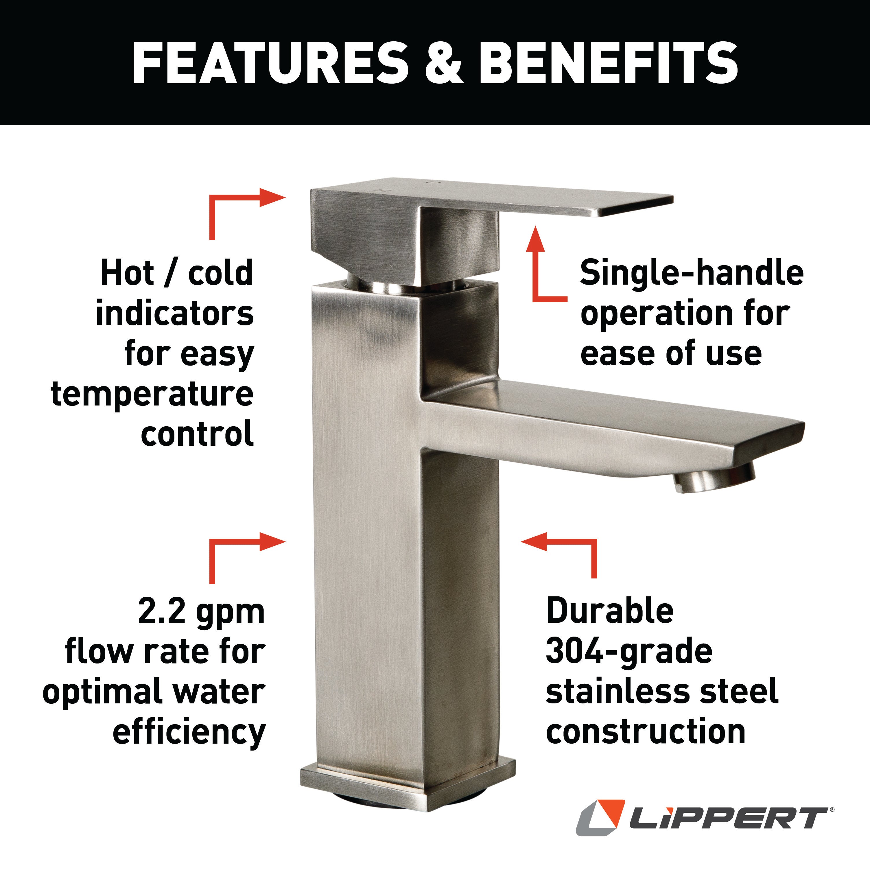 Lippert - Flow Max Square Bathroom Faucet - Stainless Steel #2024025311 - Image 2