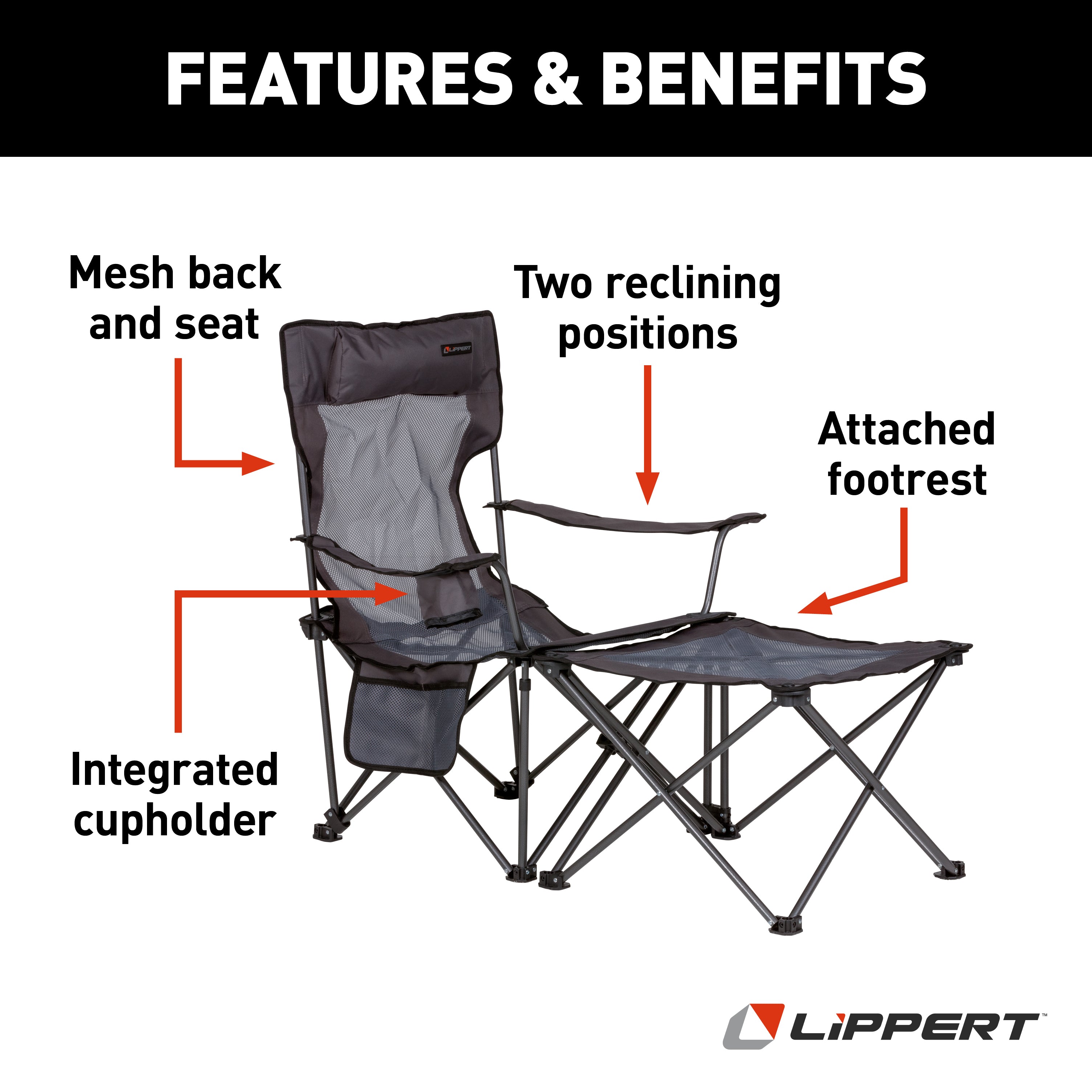 Lippert Sun Soaker Vented Reclining Camping Chair With Footrest - Dark Grey - Image 2