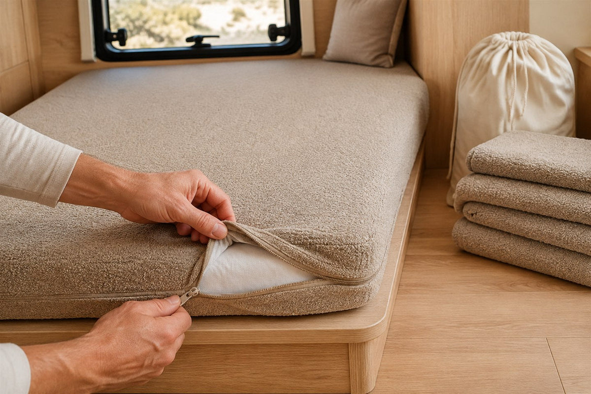 Zip-off sandy greige custom RV bunk mattress cover