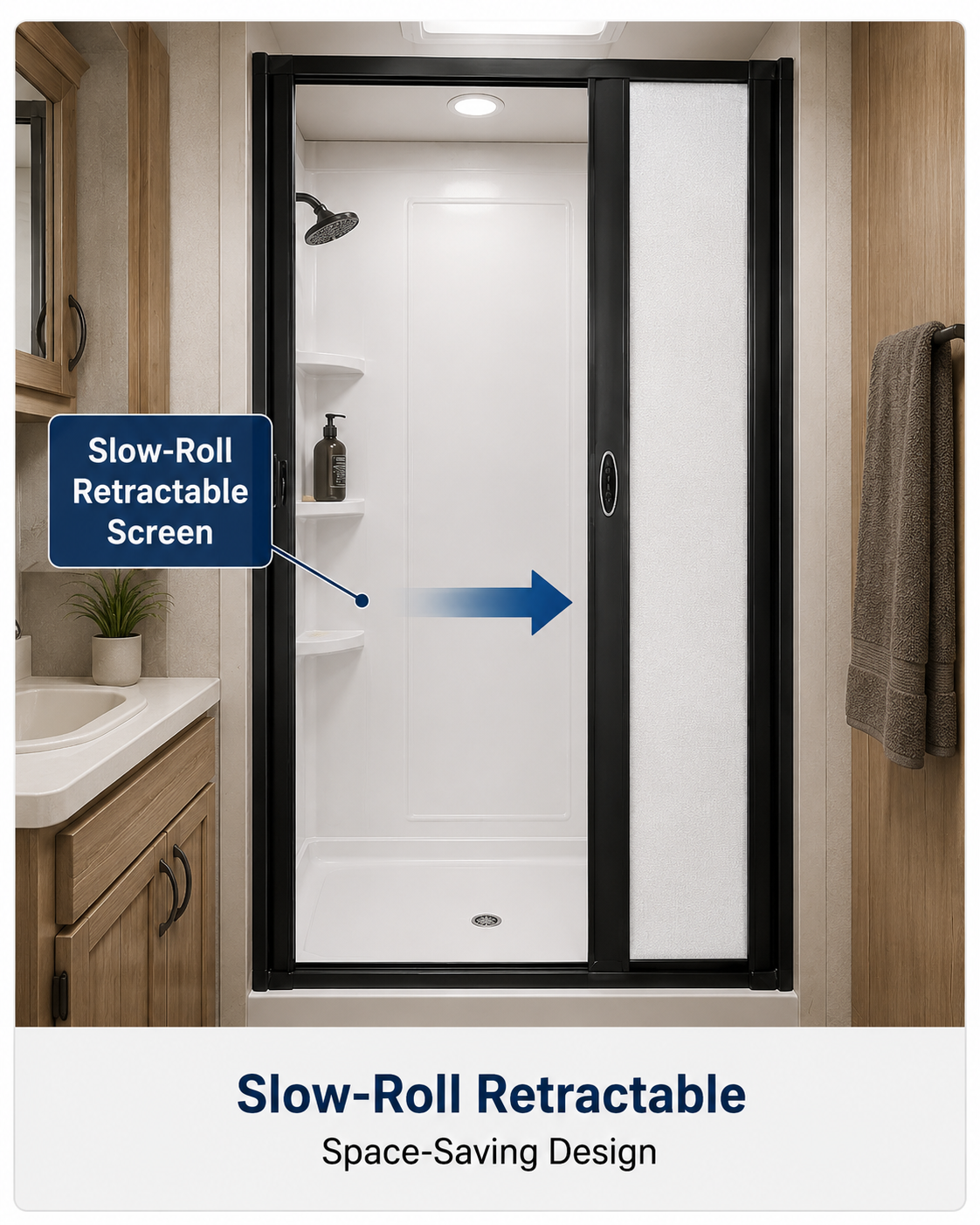 Irvine ISD - RV Slow Retract Shower Screen Door - (Platinum or Black) - 100% Waterproof - OEM Replacement - Custom Builder