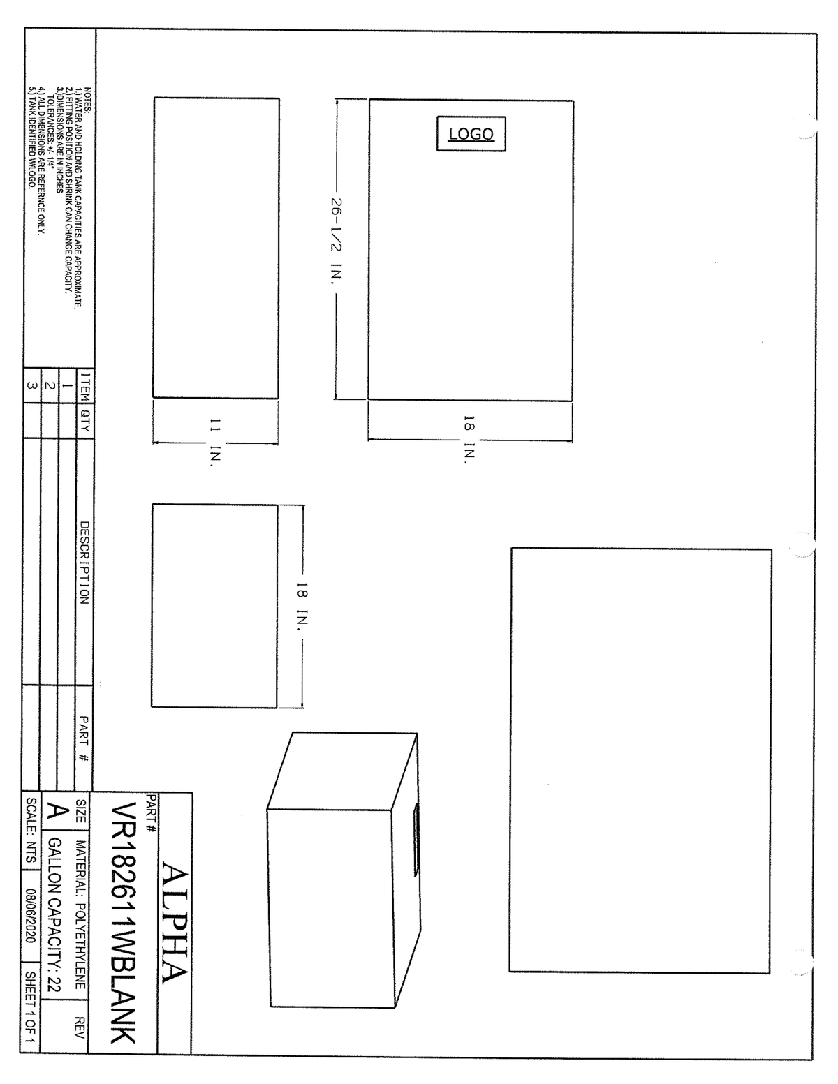 Alpha VR182611WBLANK — exact manufacturer dimensional drawing, August 6, 2020