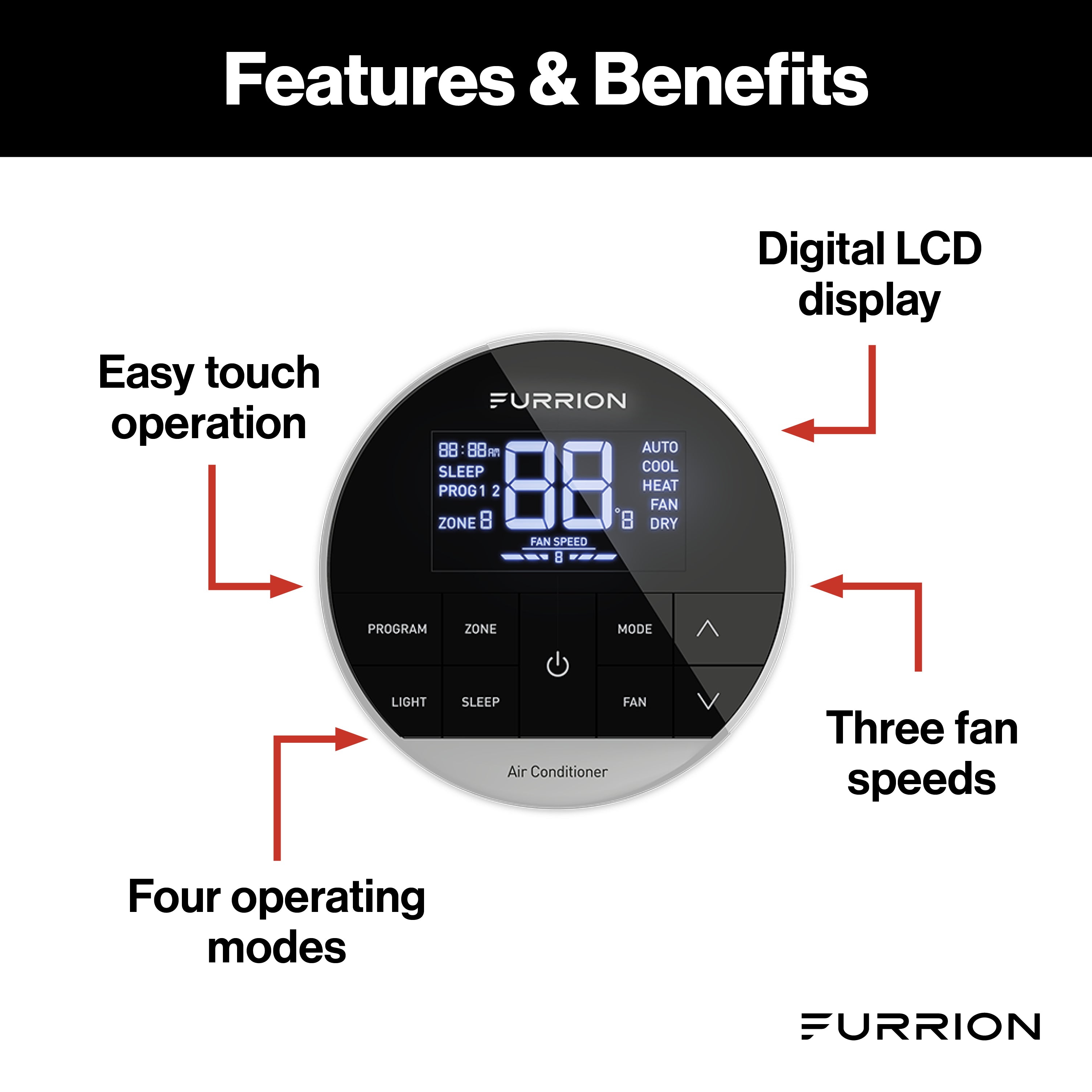 Furrion Chill Multi-Zone Wall Thermostat - Black, 3 Fan Speeds (R32) #FACW12ESZA2-BL-AM