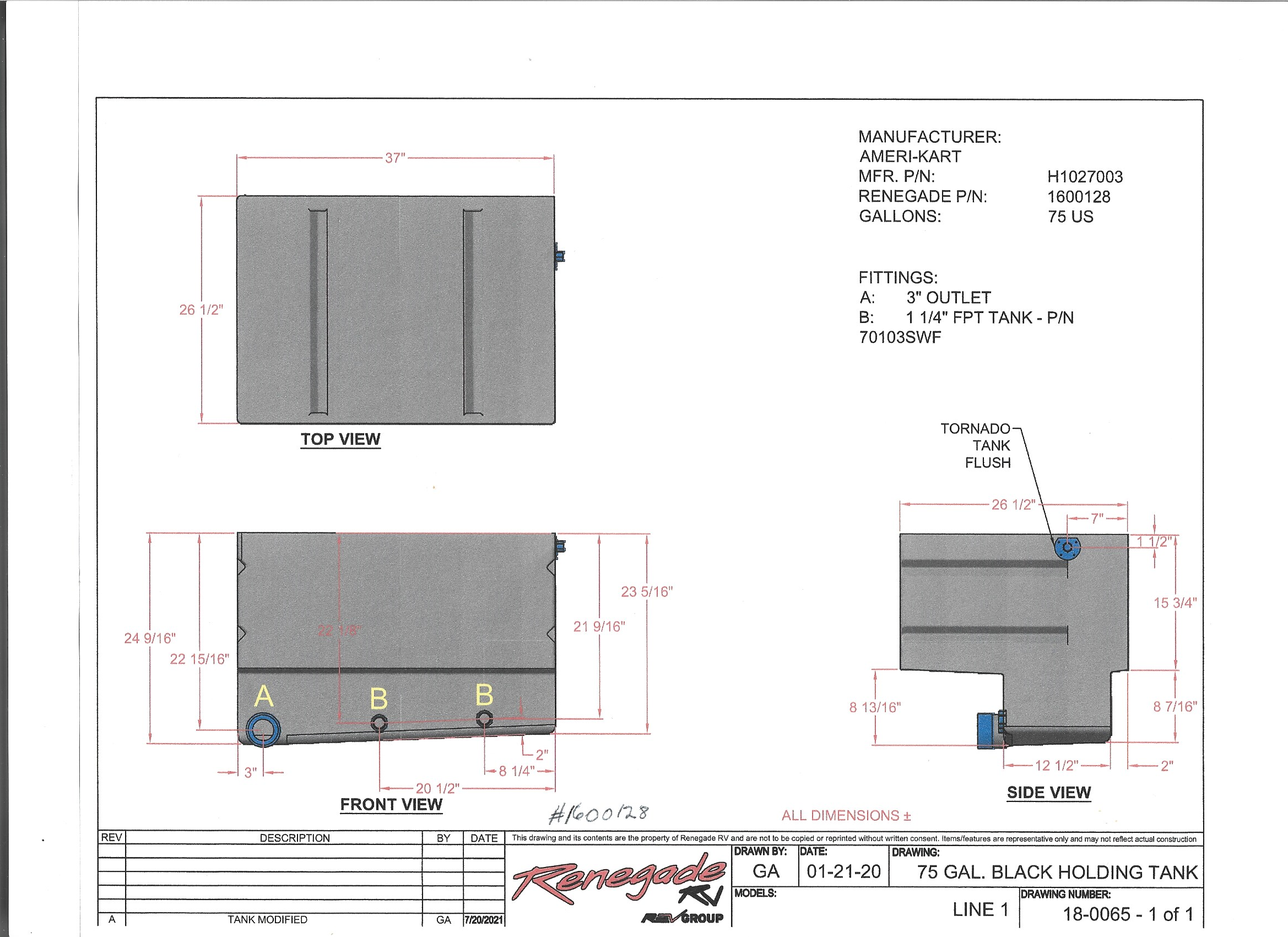 75 Gallon RV Holding Tank 37" x 26-1/2" x 24-9/16" 1600128 H1027003