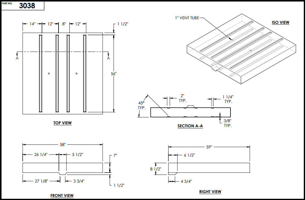 98 Gallon RV Fresh Water Tank 59x58x7 - Elkhart Plastics EPI 3038 W1435 - FDA Approved Polyethylene