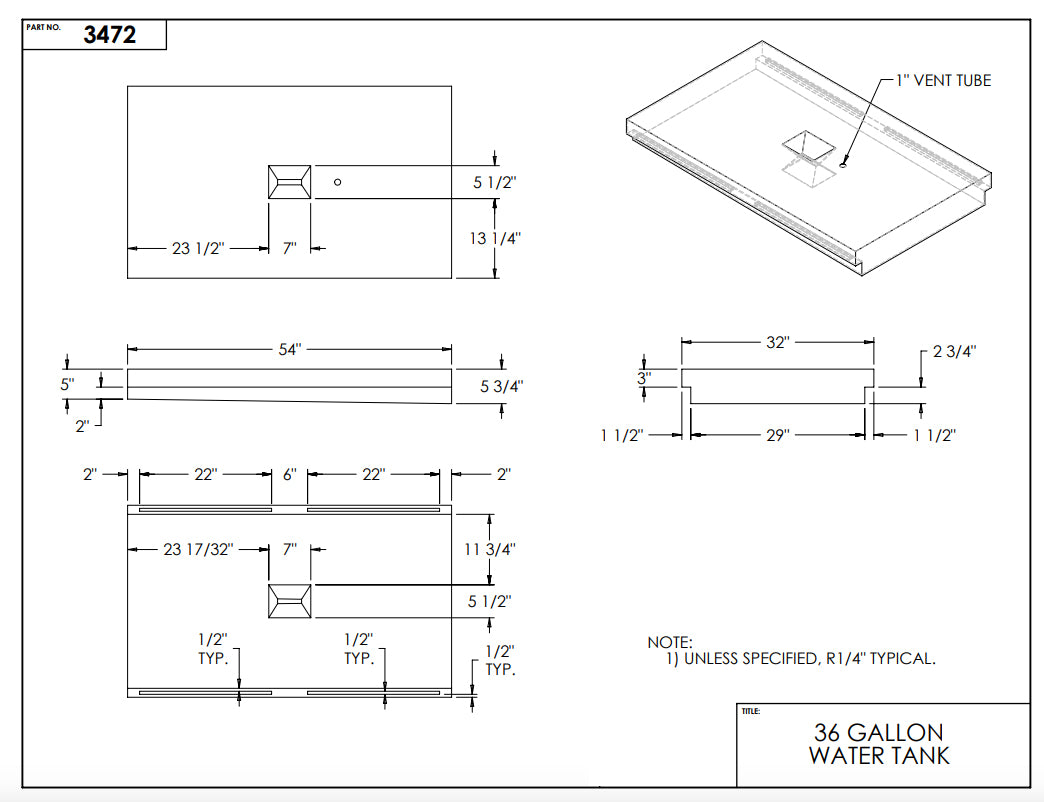 36 Gallon RV Water Tank 54" x 32" x 5.75" EPI 3472 or W1398000
