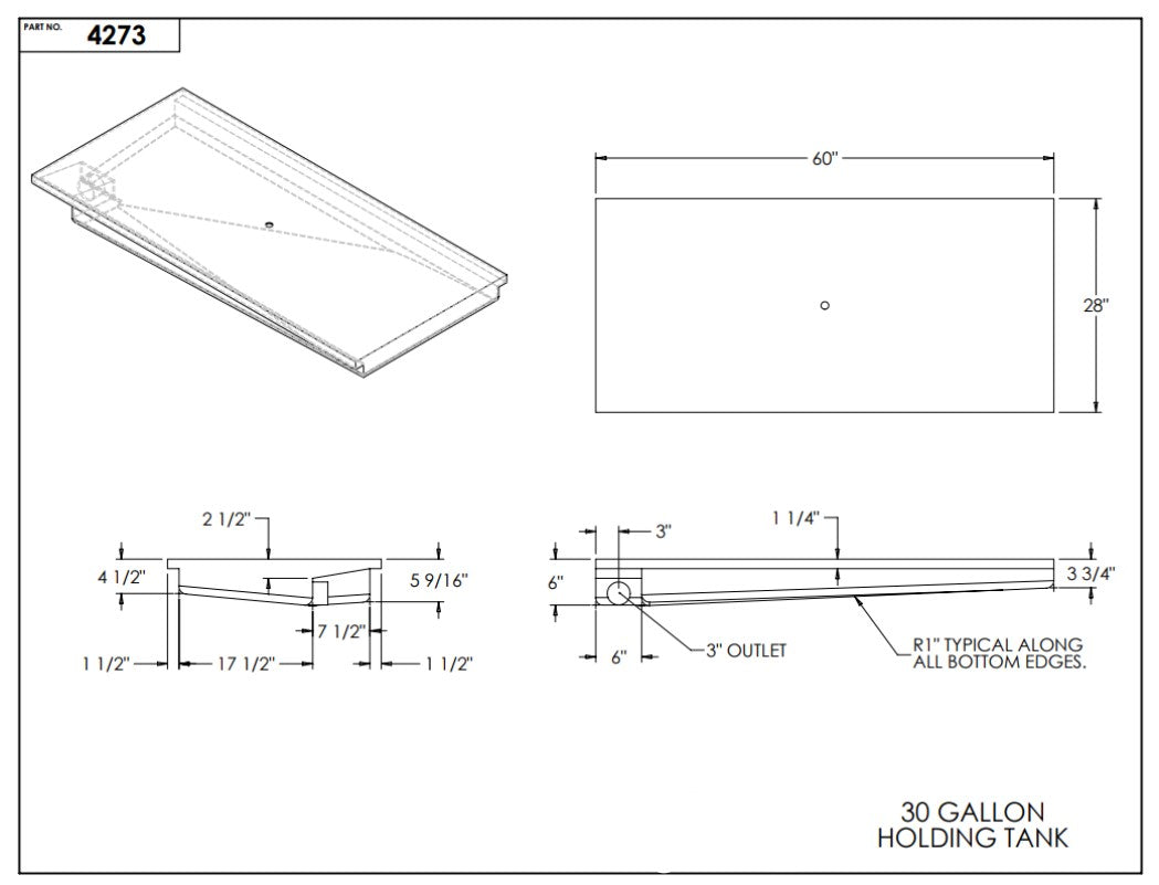 30 Gallon RV Holding Tank 60" x 28" x 6" Right end recessed drain EPI 4273 or H1256
