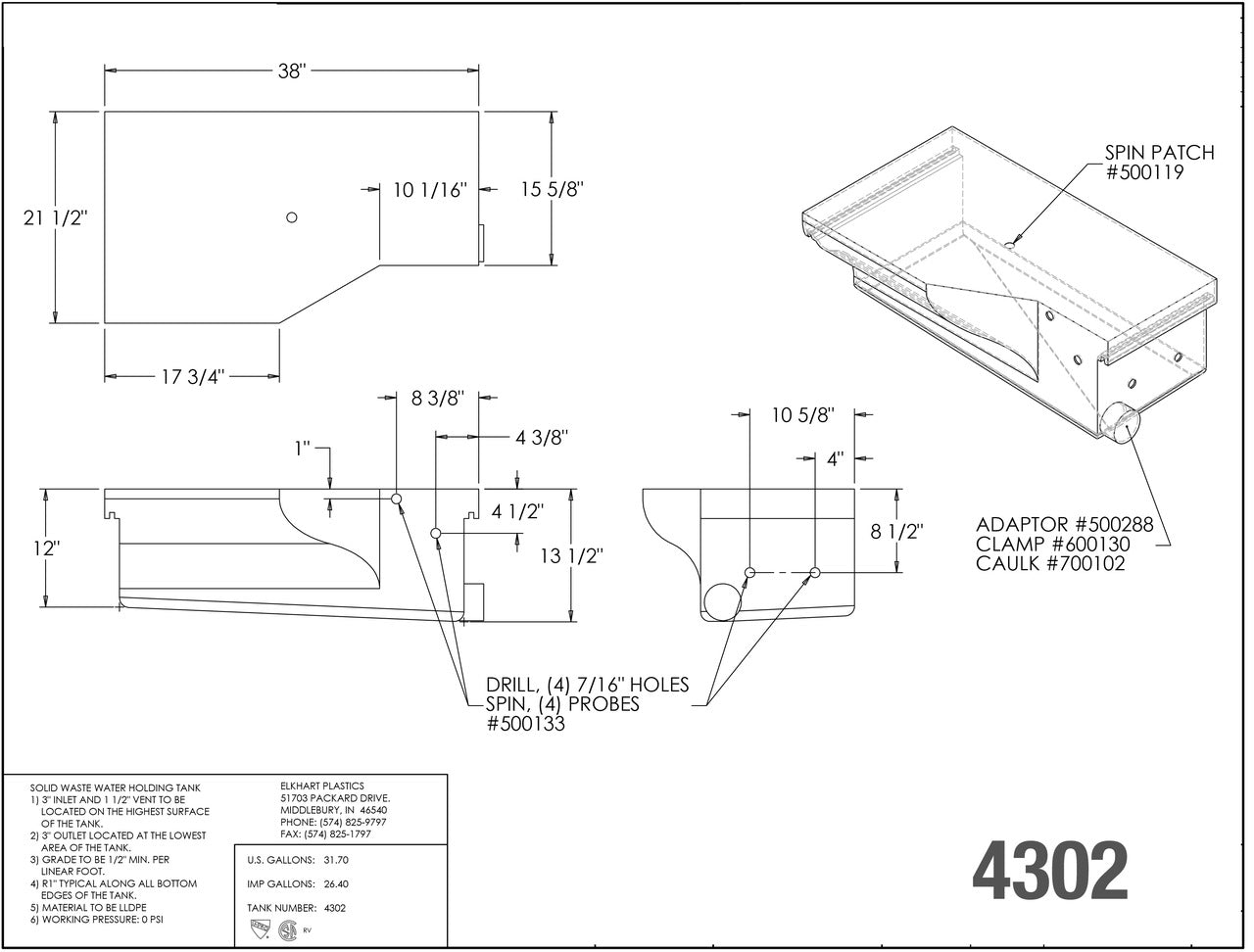 32 Gallon RV Holding Tank 38" x 21 1/2" x 13 1/2" EPI 4302 H1306002