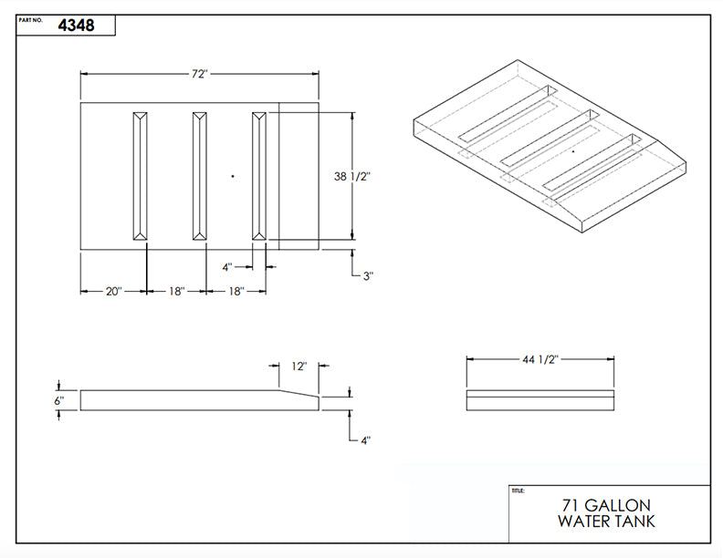 71 Gallon RV Water Tank 72" x 38.5" x 6" EPI 4348 - DISCONTINUED - See Replacement