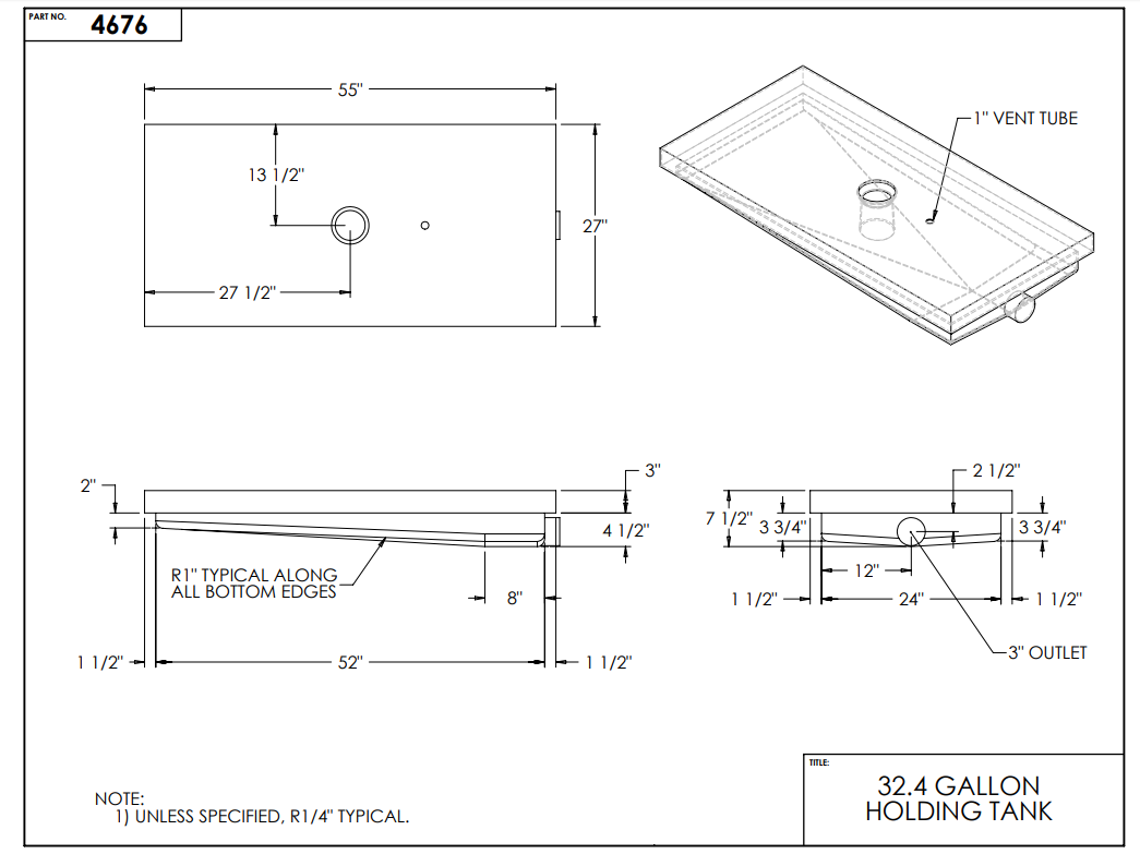 32 Gallon RV Holding Tank 55" x 27" x 8" EPI 4676