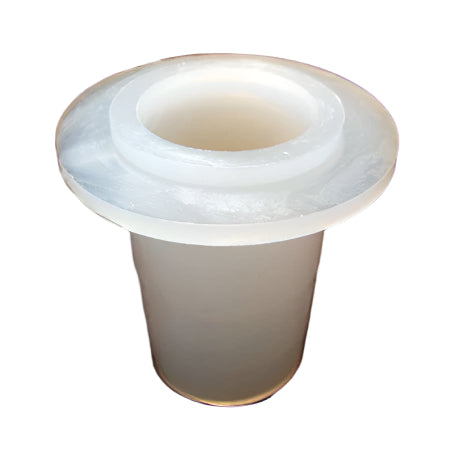 A white, non-thread plastic fitting for RV fresh water and holding tanks.