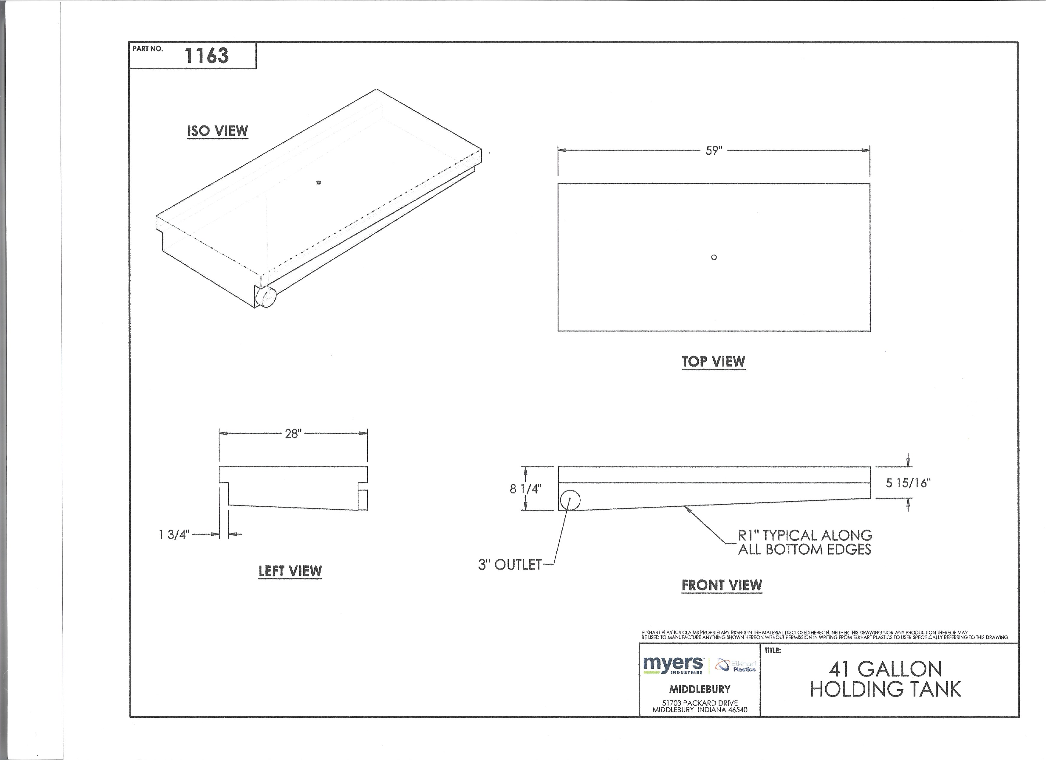 41 Gallon RV Holding Tank 59" x 28" x 8" EPI 1163 or H865005