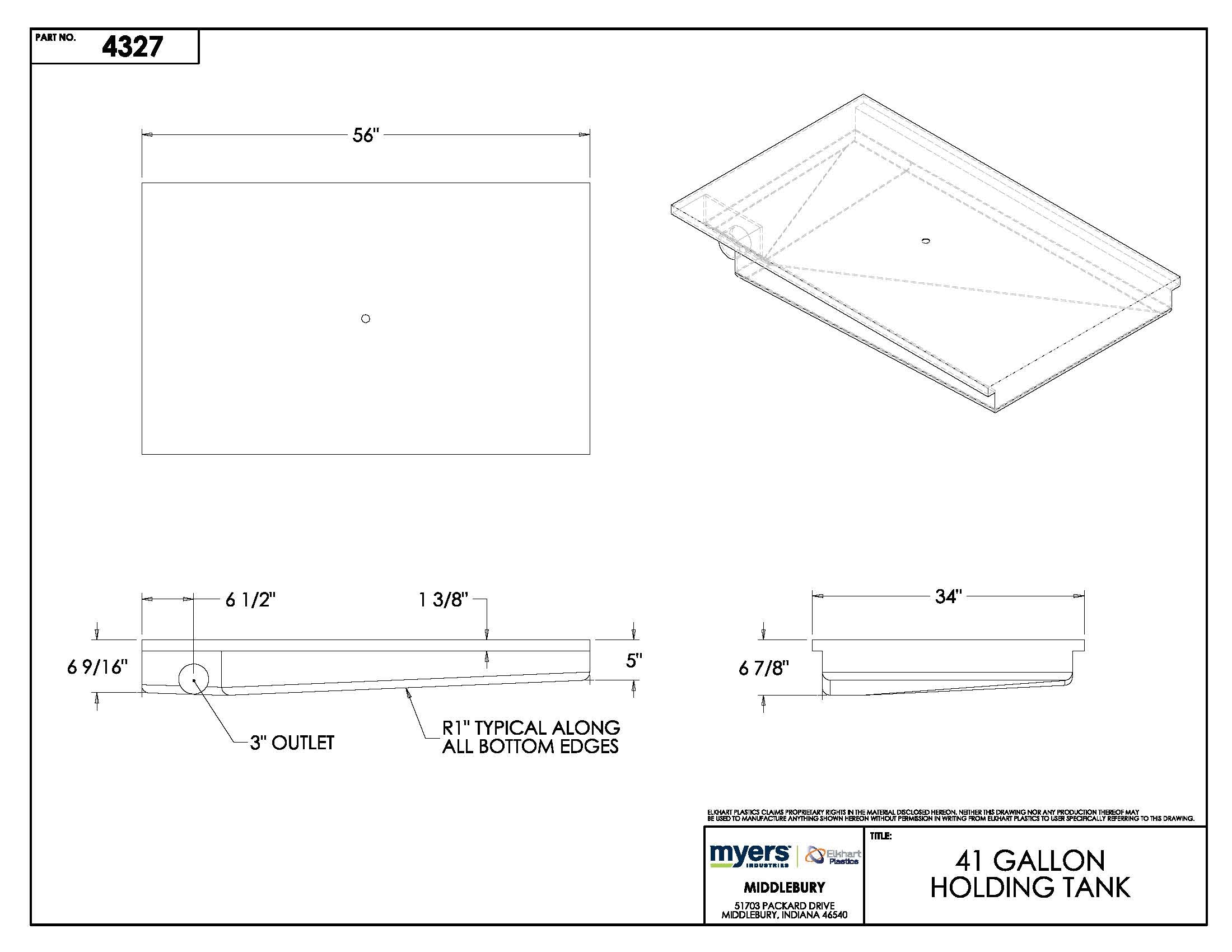 41 Gallon RV Holding Tank 56" x 34" x 7.125" EPI 4327 or H1284