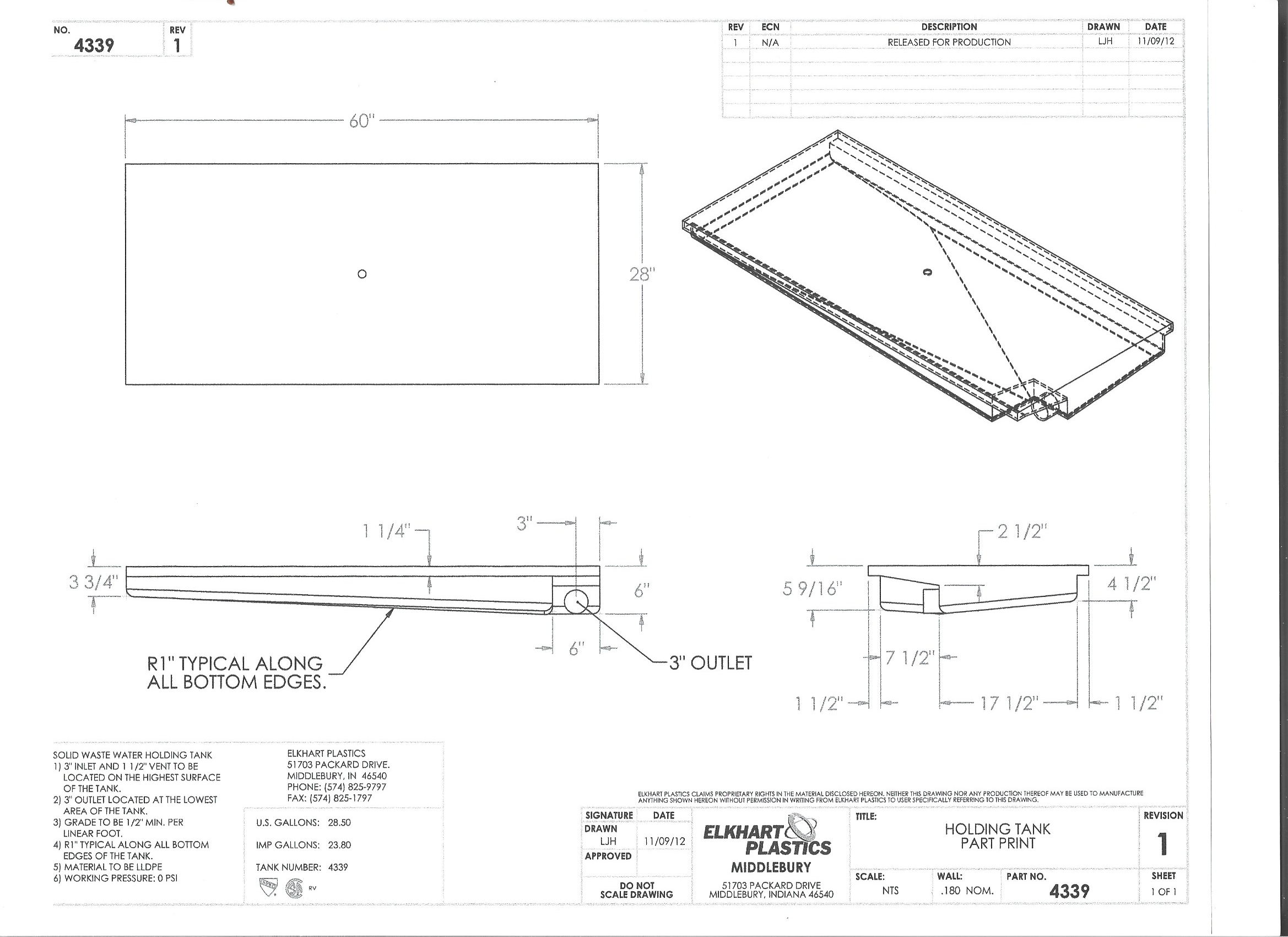 30 Gallon RV Holding Tank 60" x 28" x 6 1/8" (EPI 4339/H1259000)