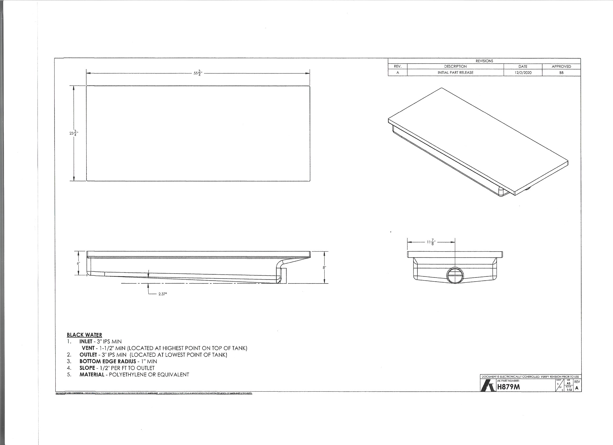28 Gallon RV Holding Tank 55-3/4" x 23-3/4" x 8" - 5523/H879003