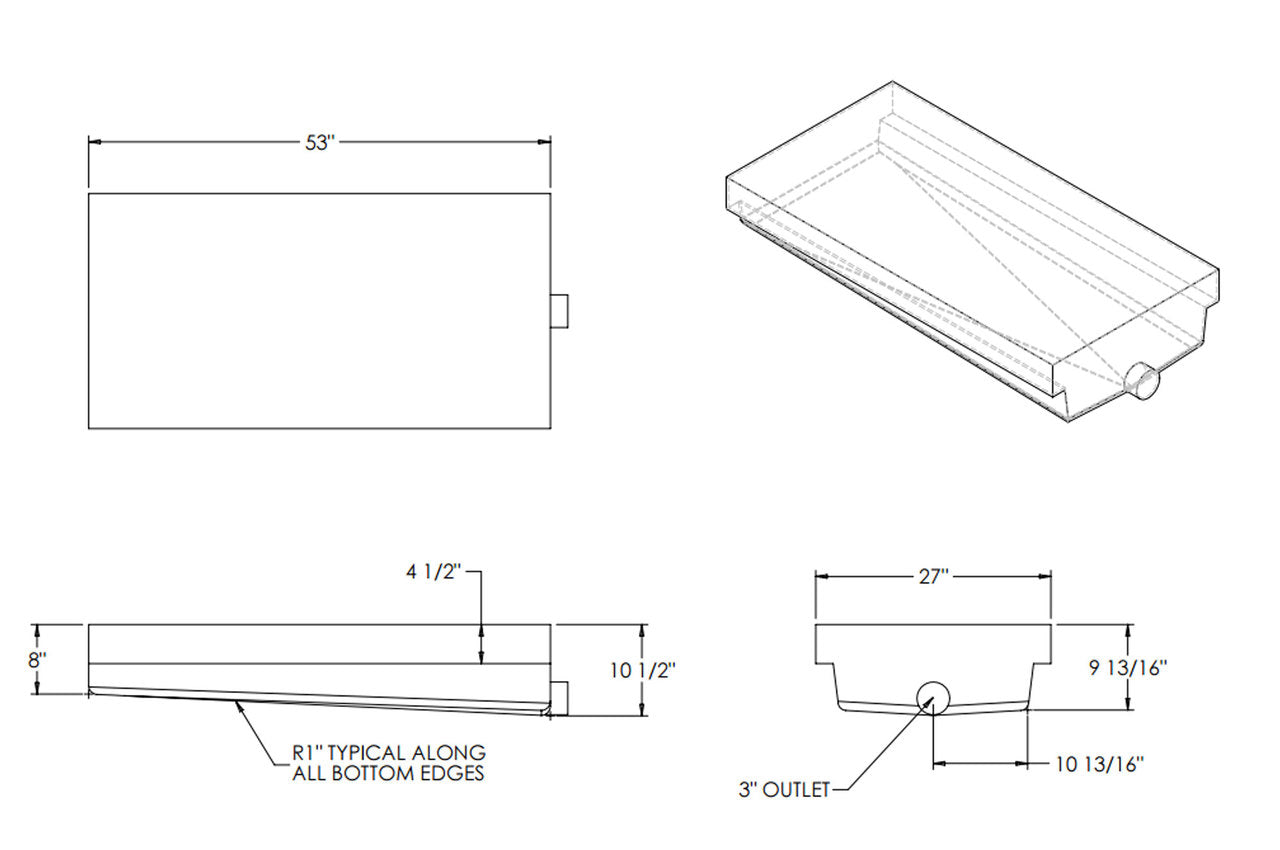 52 Gallon RV Black Water Holding Tank - Heavy Duty Polyethylene - 53"x27"x10.5" - Center Drain