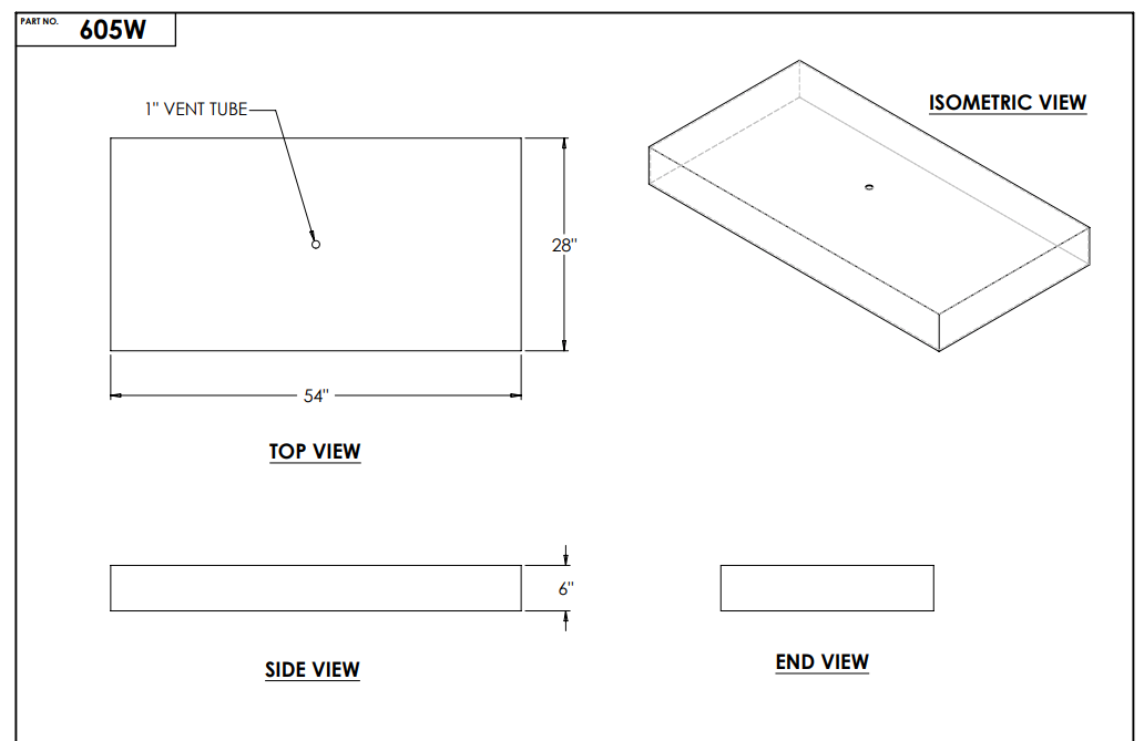 39 Gallon RV Fresh Water Tank 54" x 28" x 5.75" - Elkhart Plastics 605W - Low Profile OEM Tank