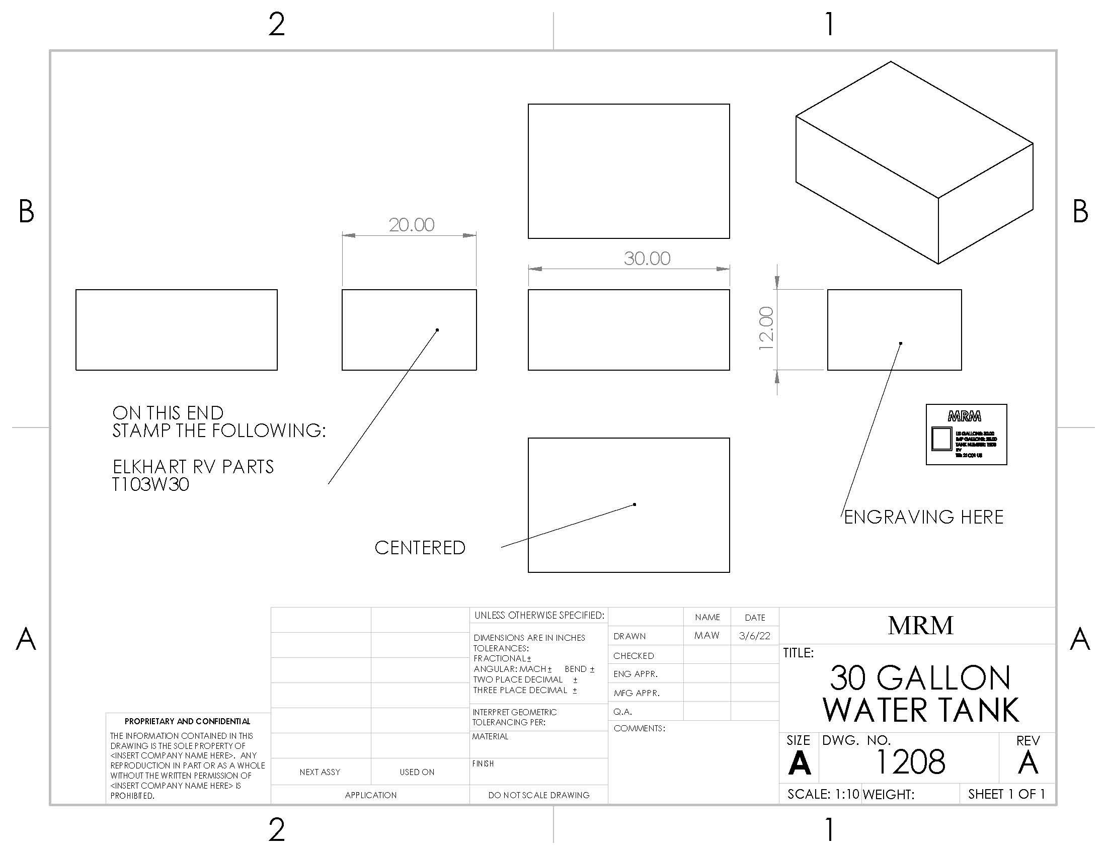30 Gallon RV Fresh Water Tank 30x20x12 - OEM Grade Potable Water Storage ERV120800