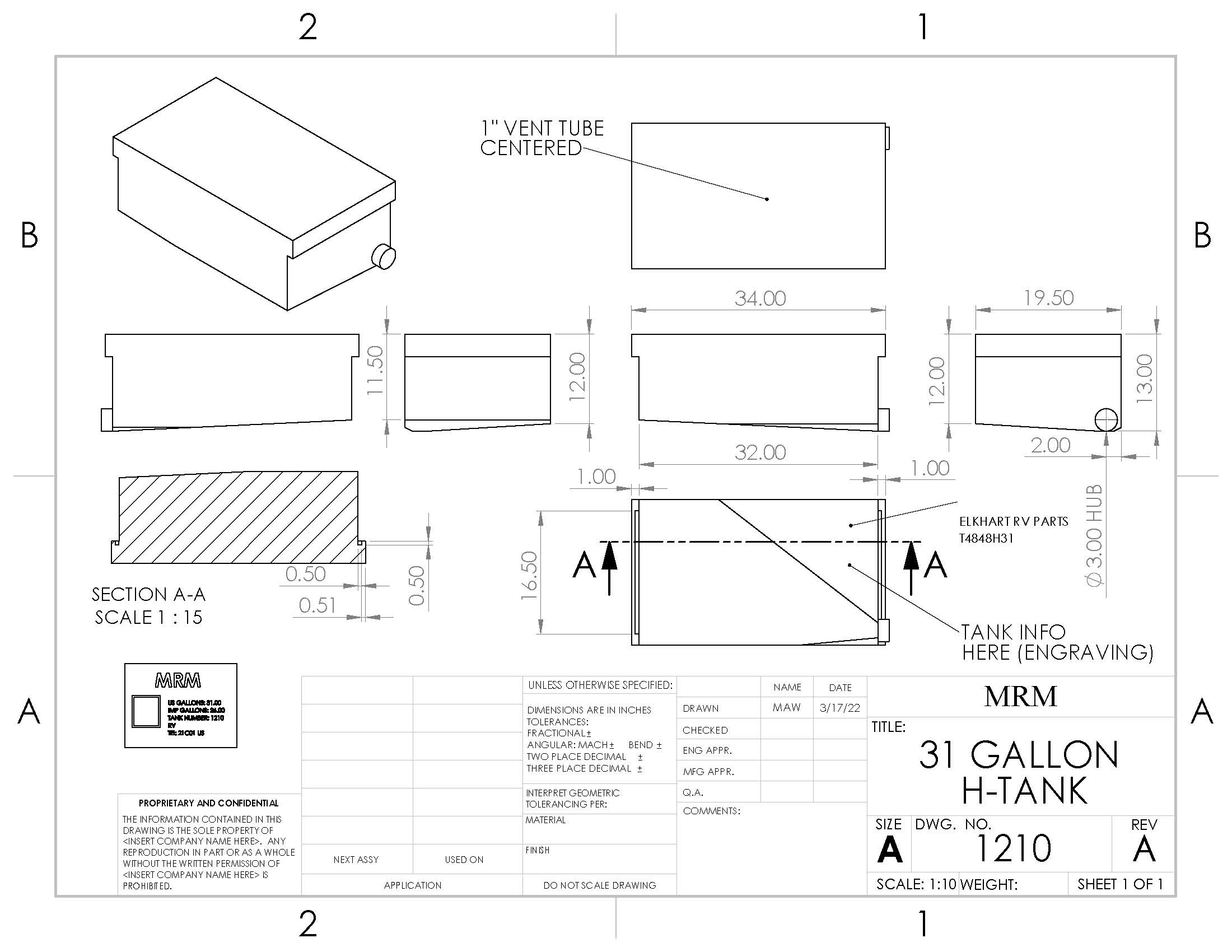 31 Gallon RV Holding Tank 34" x 19 1/2"  x 13" (4848/H1017)