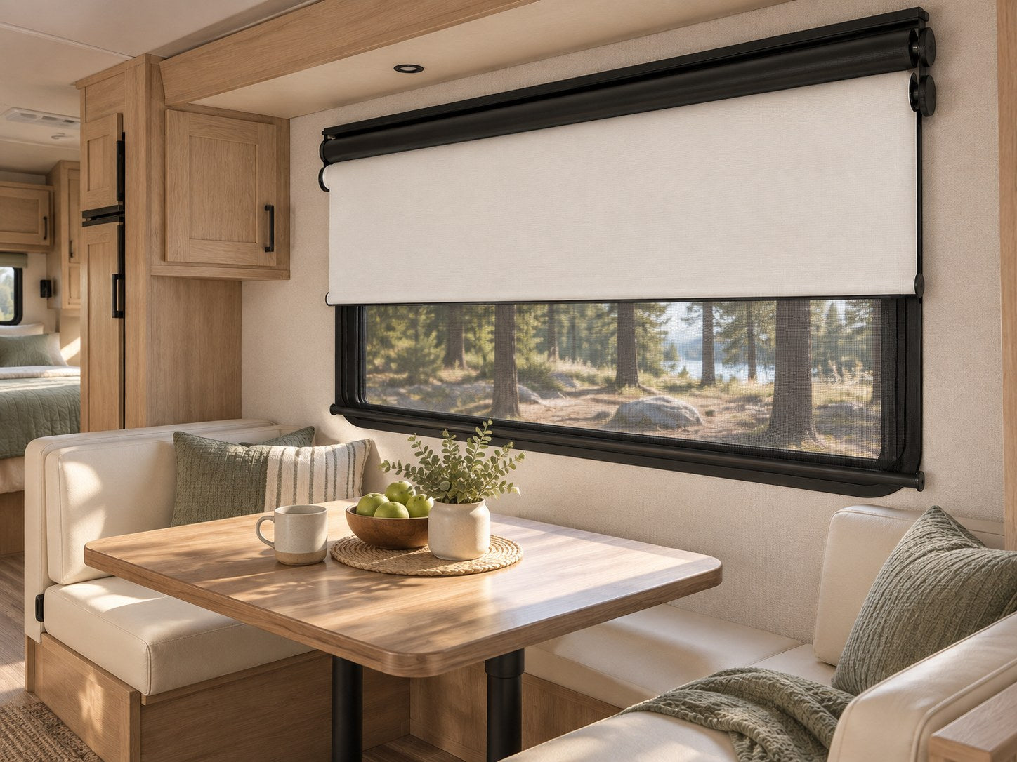 Light for slow mornings in an illustrated RV interior