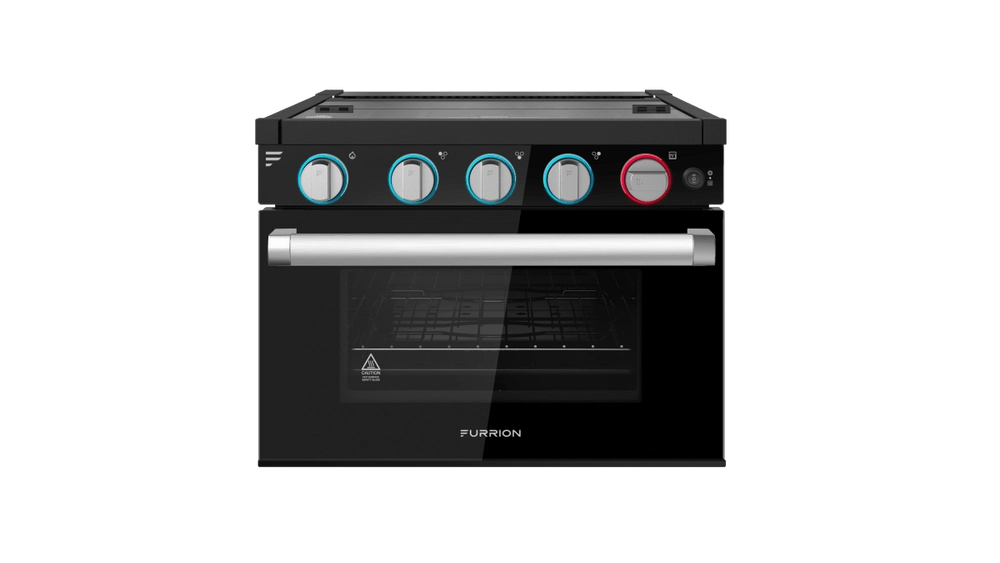 Furrion® - 17" 3-Burner All Glass Gas Range with FFD - LED Knobs - Black Glass with Silver Handle - #2023045674