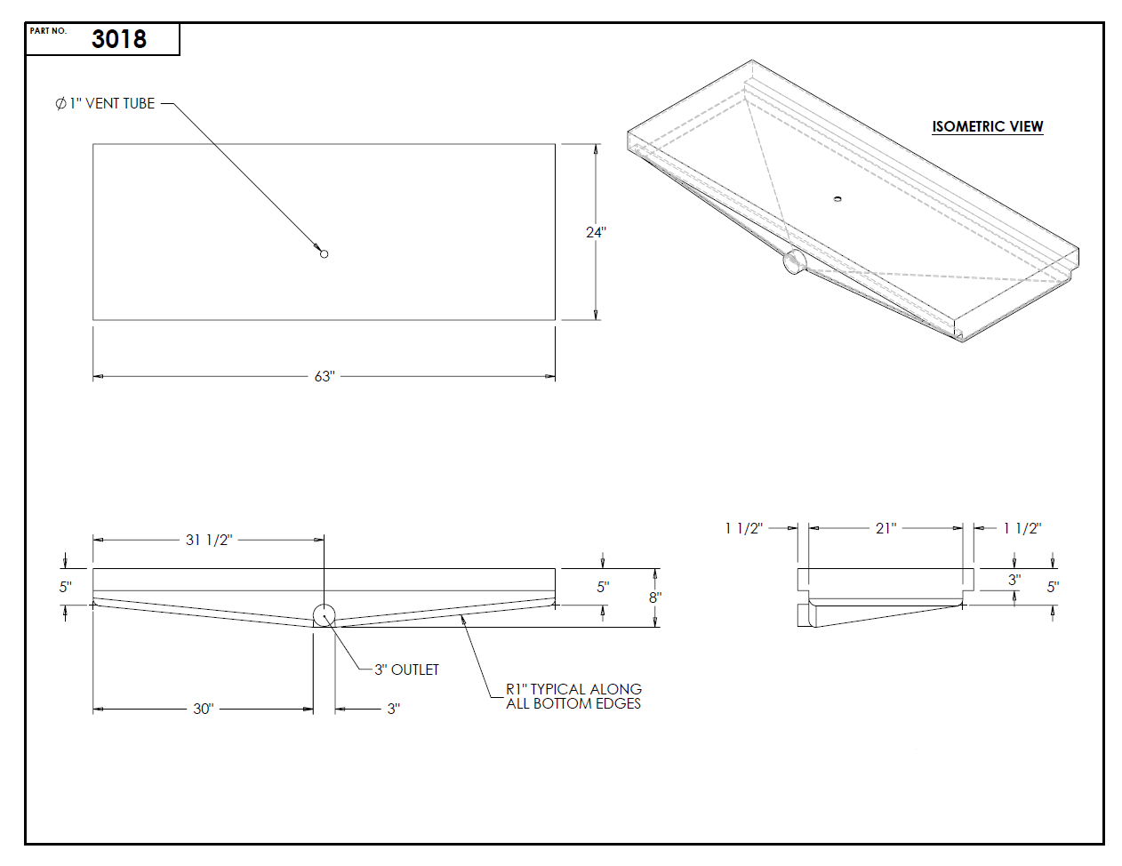 40 Gallon RV Holding Tank 63" x 24" x 8" (EPI 3018 or H1067)