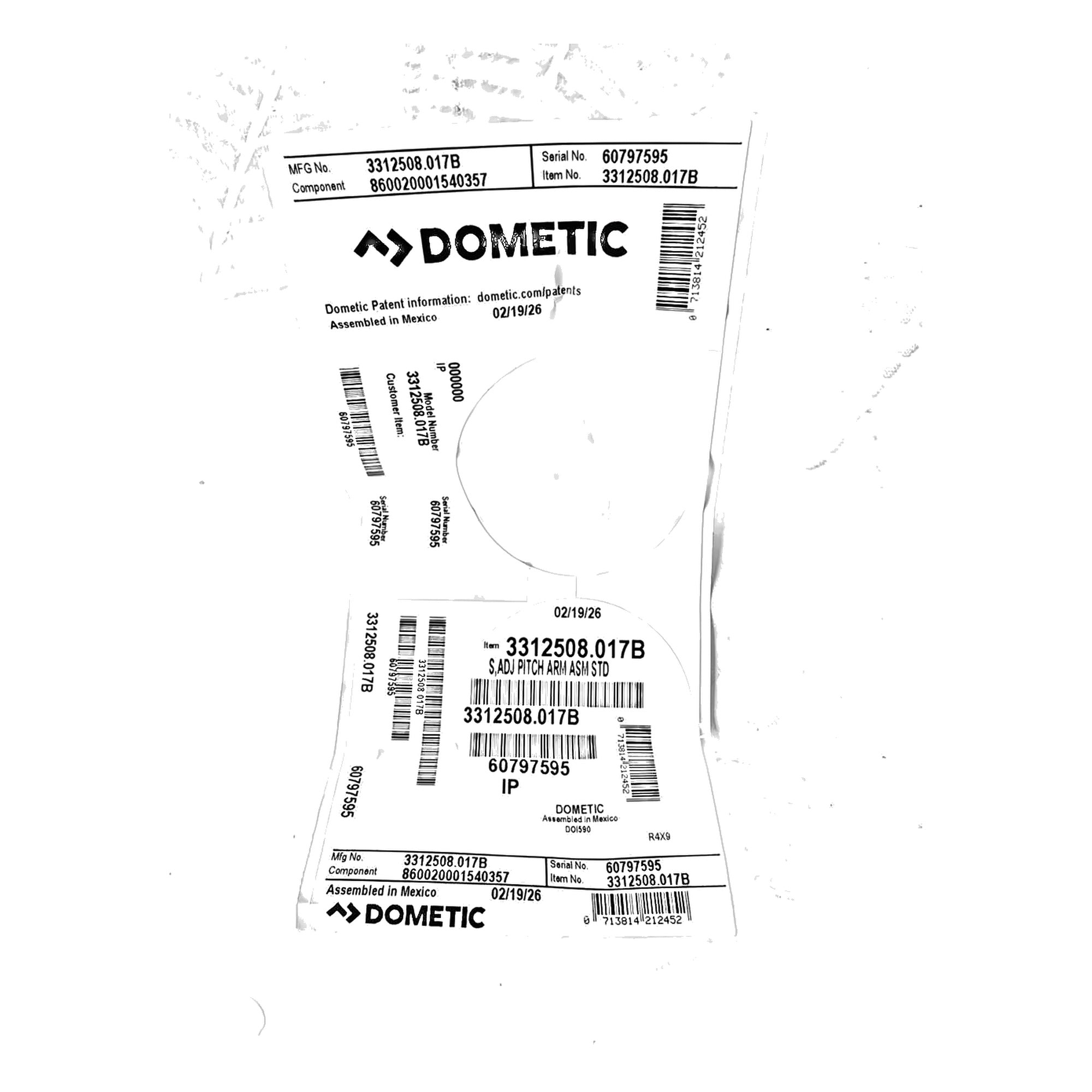 Dometic 3312508.017B pitch arm assembly product label sheet