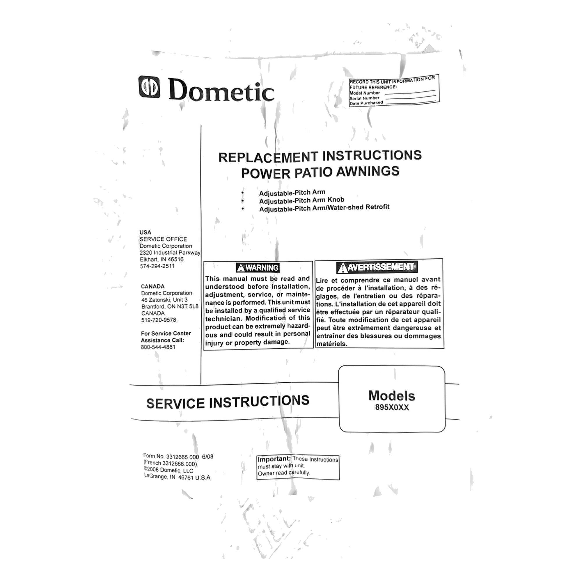 Installation instructions/service document for Dometic 3312508.017B pitch arm assembly - front page