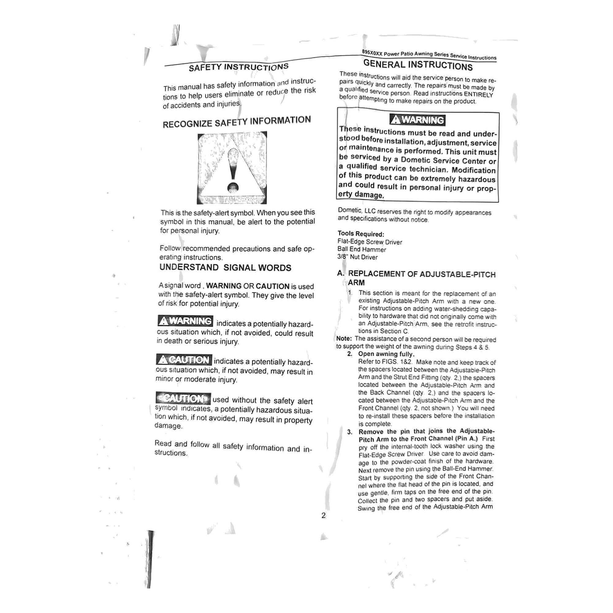 Installation instructions/service document for Dometic 3312508.017B pitch arm assembly - warnings page