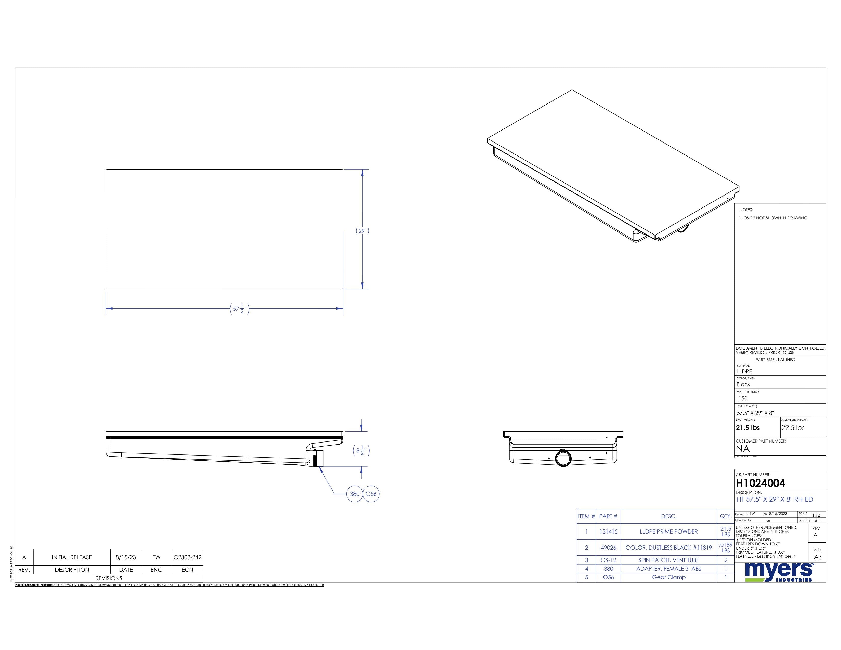 Elkhart Plastics - RV Holding Tank - 57.5" x 29" x 8" - Right End Recessed Drain - H1024