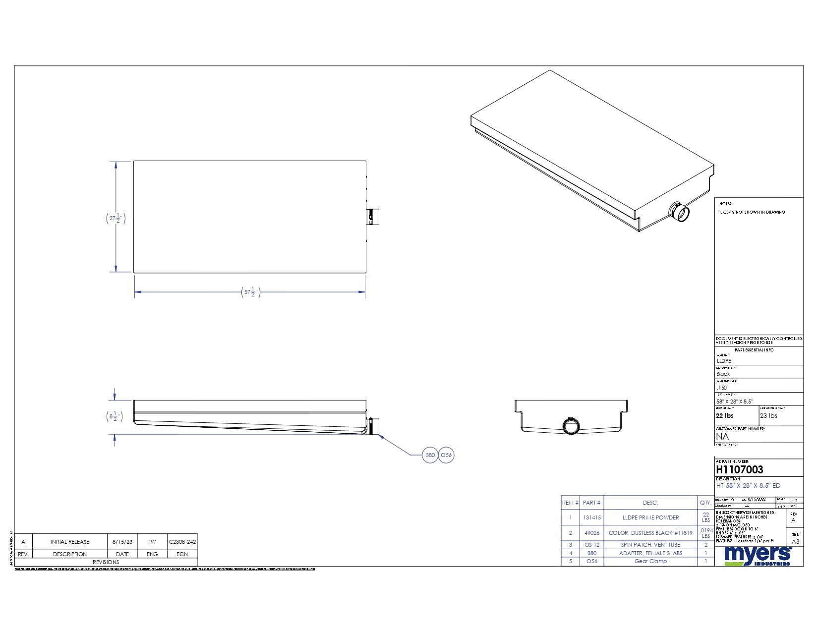 Elkhart Plastics - RV Holding Tank - 58" x 28" x 8.5" - End Drain - H1107003