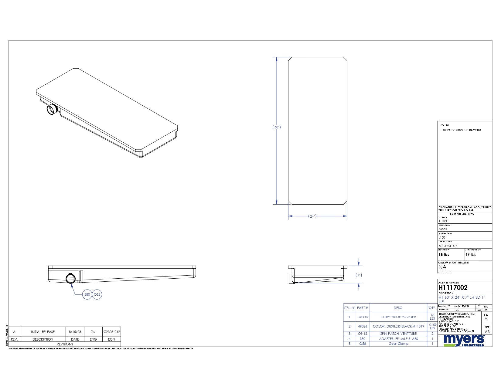 Elkhart Plastics - RV Holding Tank - 60" x 24" x 7" - Left Hand Side Drain - H1117002