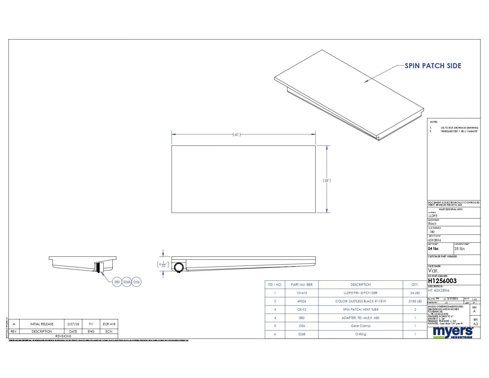Elkhart Plastics - 30 Gallon RV Holding Tank - 60" x 28" x 6" - Right End Recessed Drain - H1256003