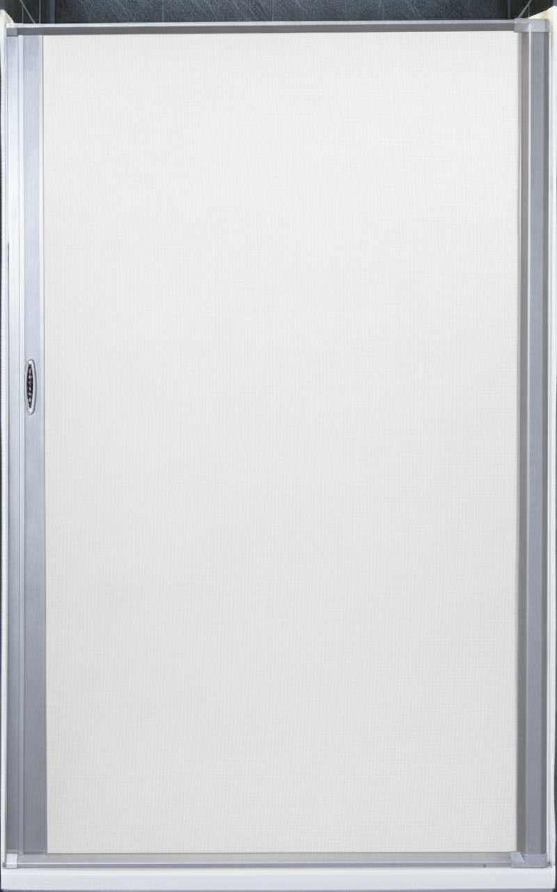 A slow-roll shower screen door in a partially open position, showing a beige or light-colored fabric against a clear, frameless door, set within a bathroom environment.