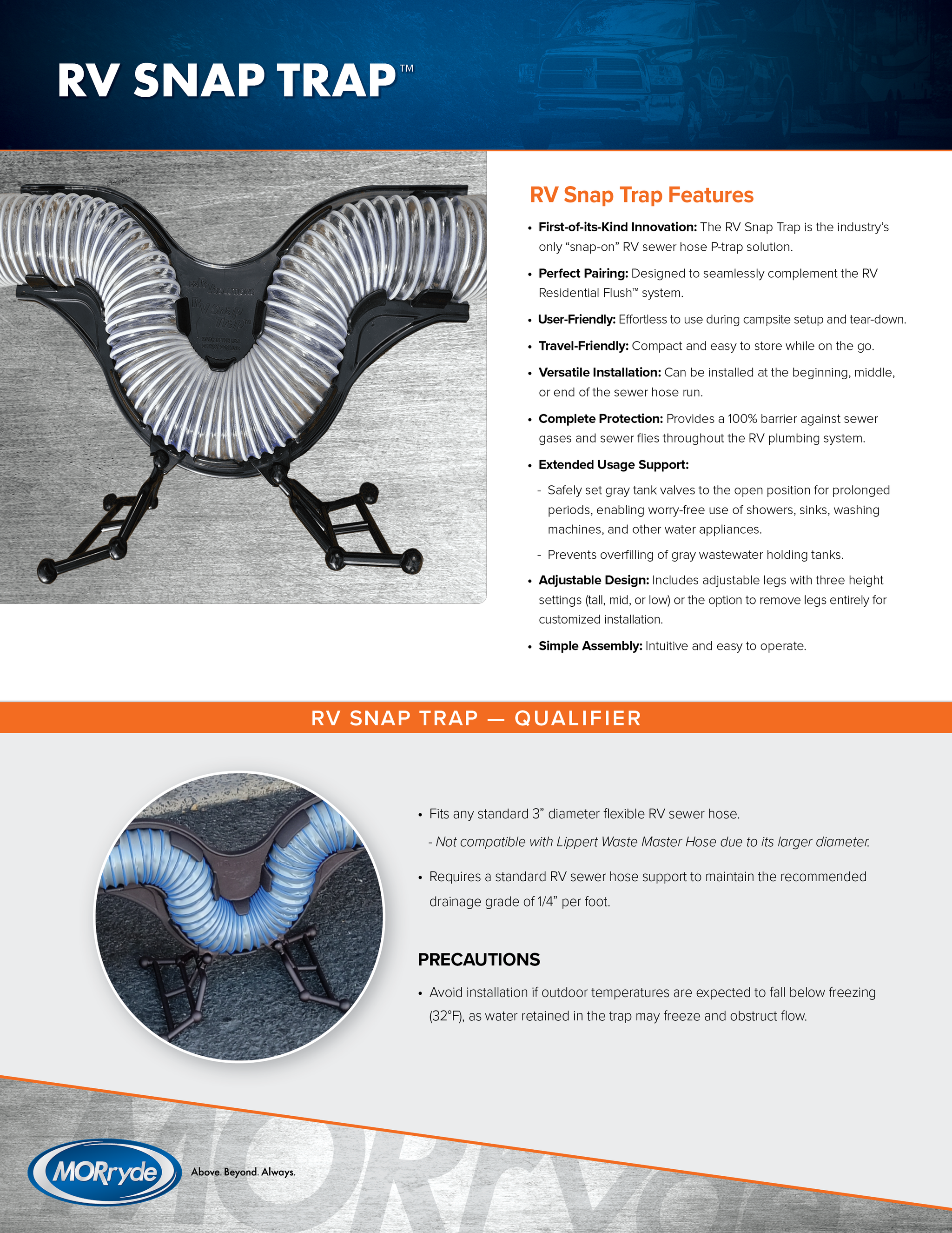 MORryde SP54-184 Snap-On P-Trap for 3" Sewer Hoses - RV Sewer System Odor Trap