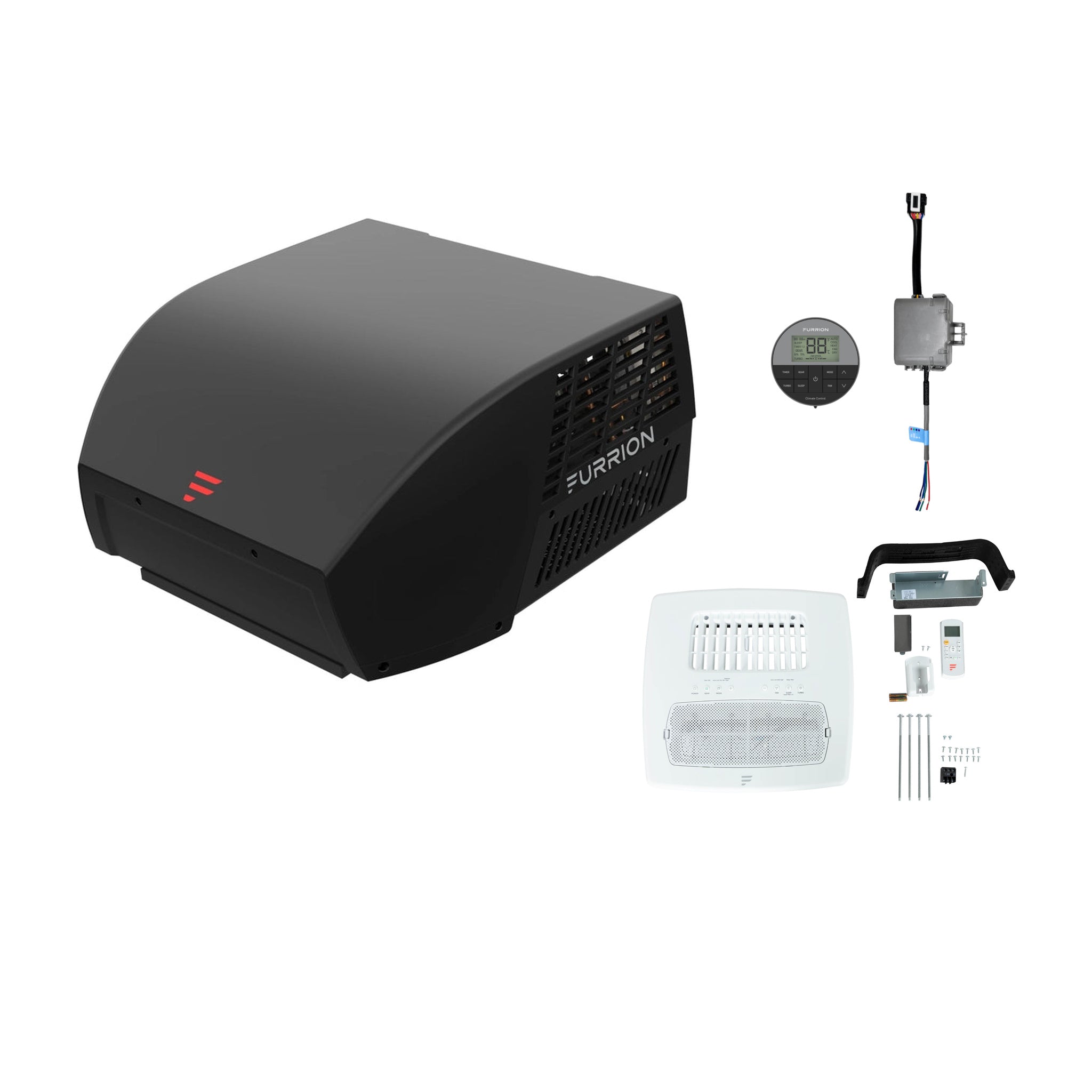 Furrion 18K Chill Cube black ducted heat pump RV AC bundle with air distribution box and thermostat