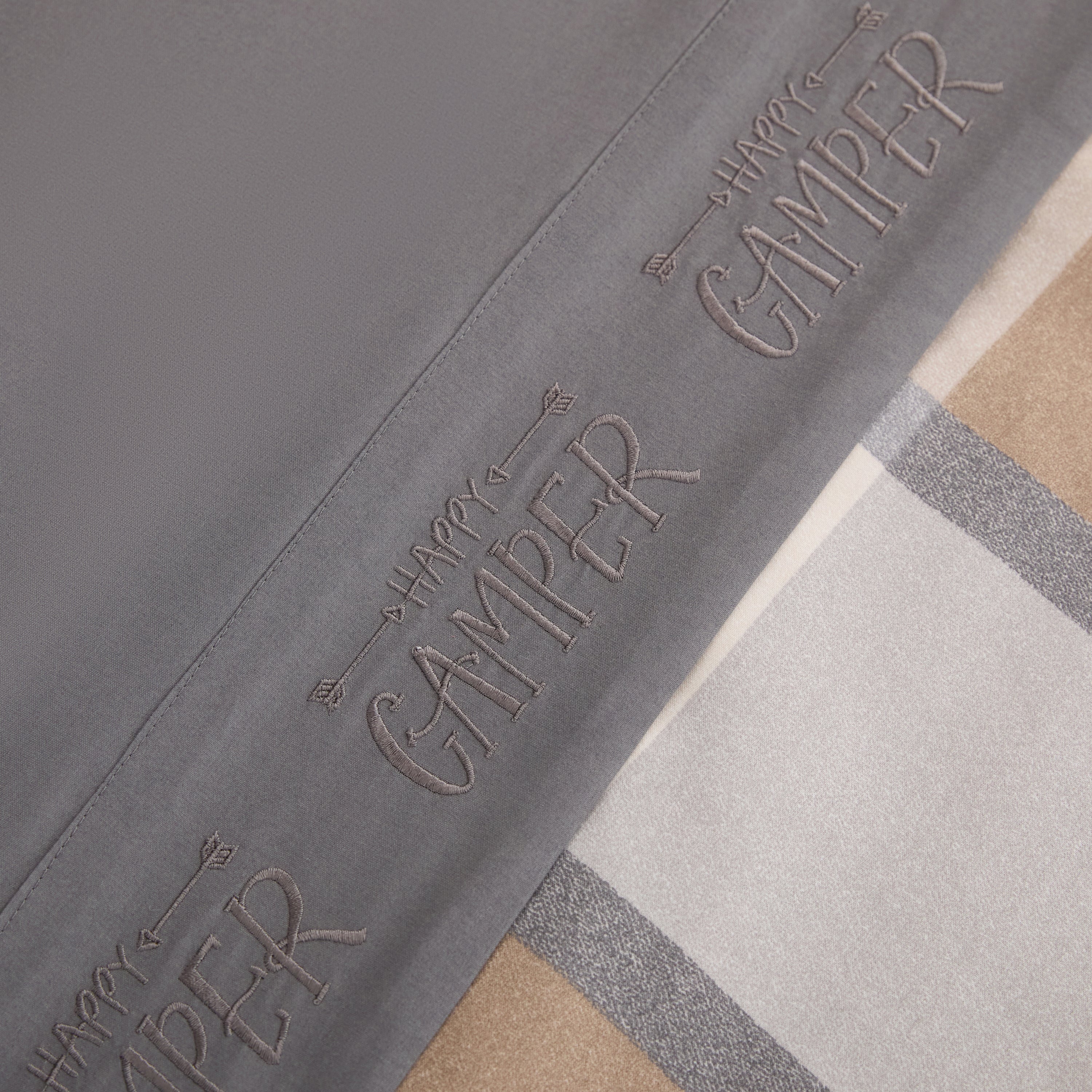 Wander & Rest - All-In-One RV Bedding Set - Short Queen 60" x 75" - Plaid with Happy Camper Embroidery - 100% Polyester - #2024121146