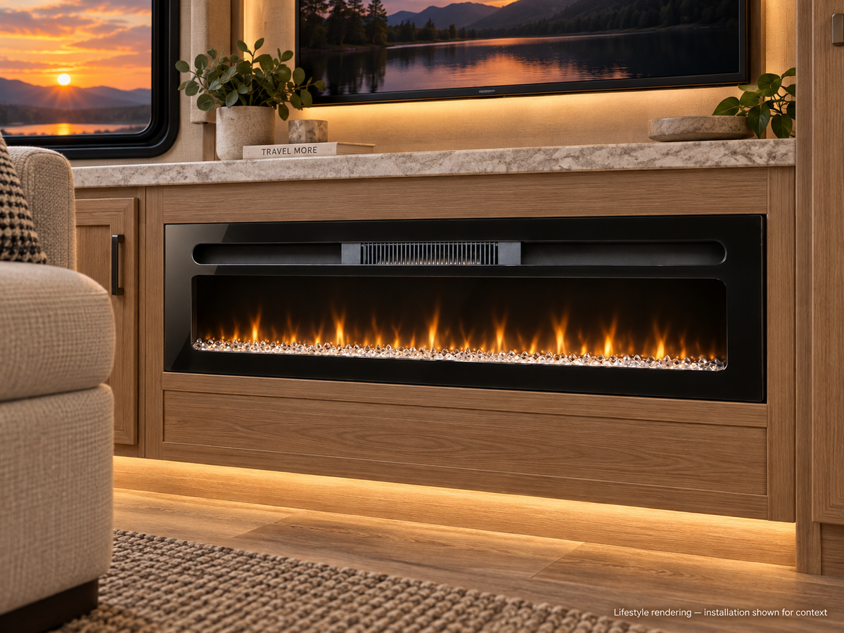 Covenant LFP36-CS 36 inch Slim crystal electric RV fireplace — RV lifestyle rendering, installation shown for context