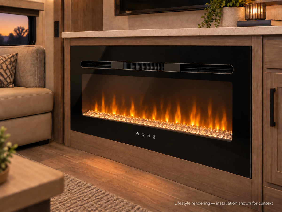 Covenant LFP36-CT 36 inch crystal electric RV fireplace — RV lifestyle rendering, installation shown for context