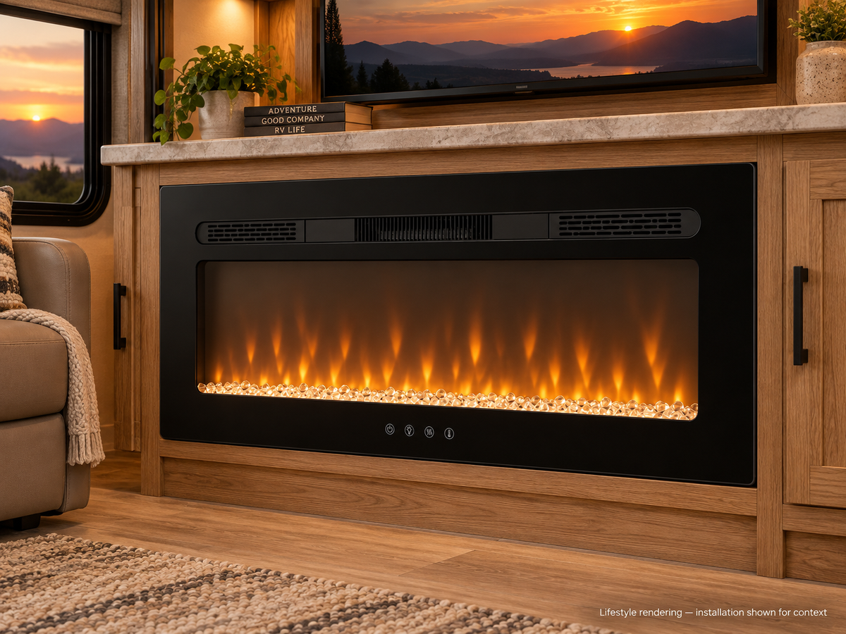Covenant LFP40-CT 40 inch crystal electric RV fireplace — RV lifestyle rendering, installation shown for context