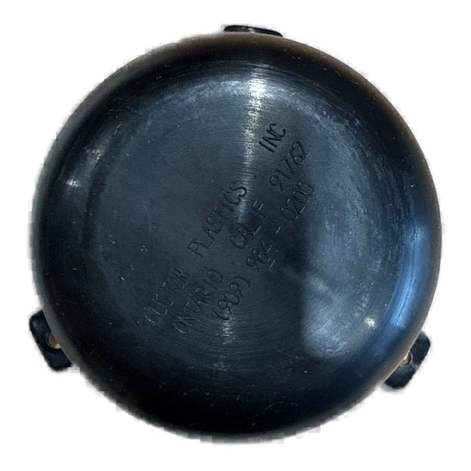 Custom Plastics 43B black RV plumbing roof vent removable cap with molded manufacturer markings