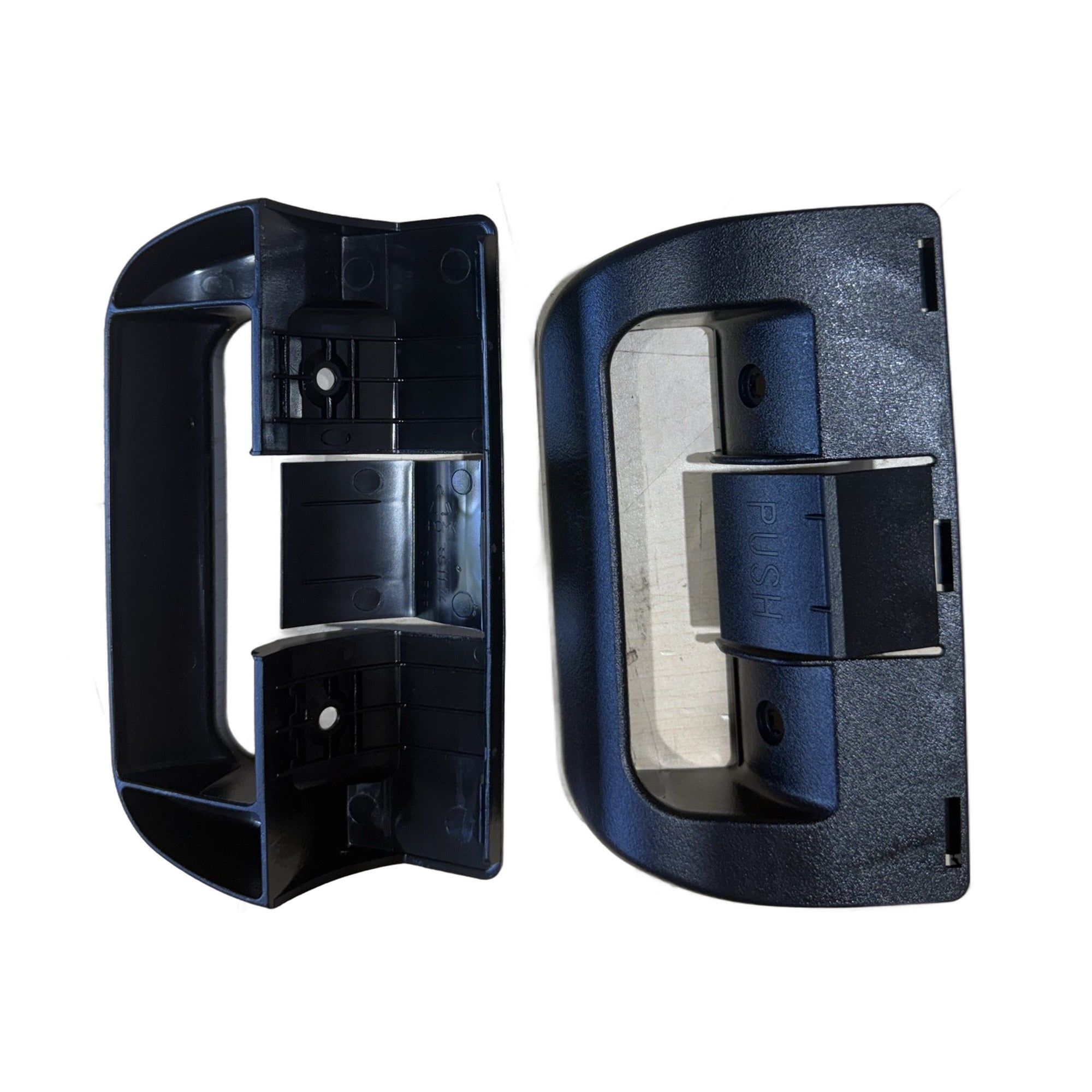 Dometic 38511740311 black refrigerator door handle combo kit, two handles shown front and back with PUSH latch lever