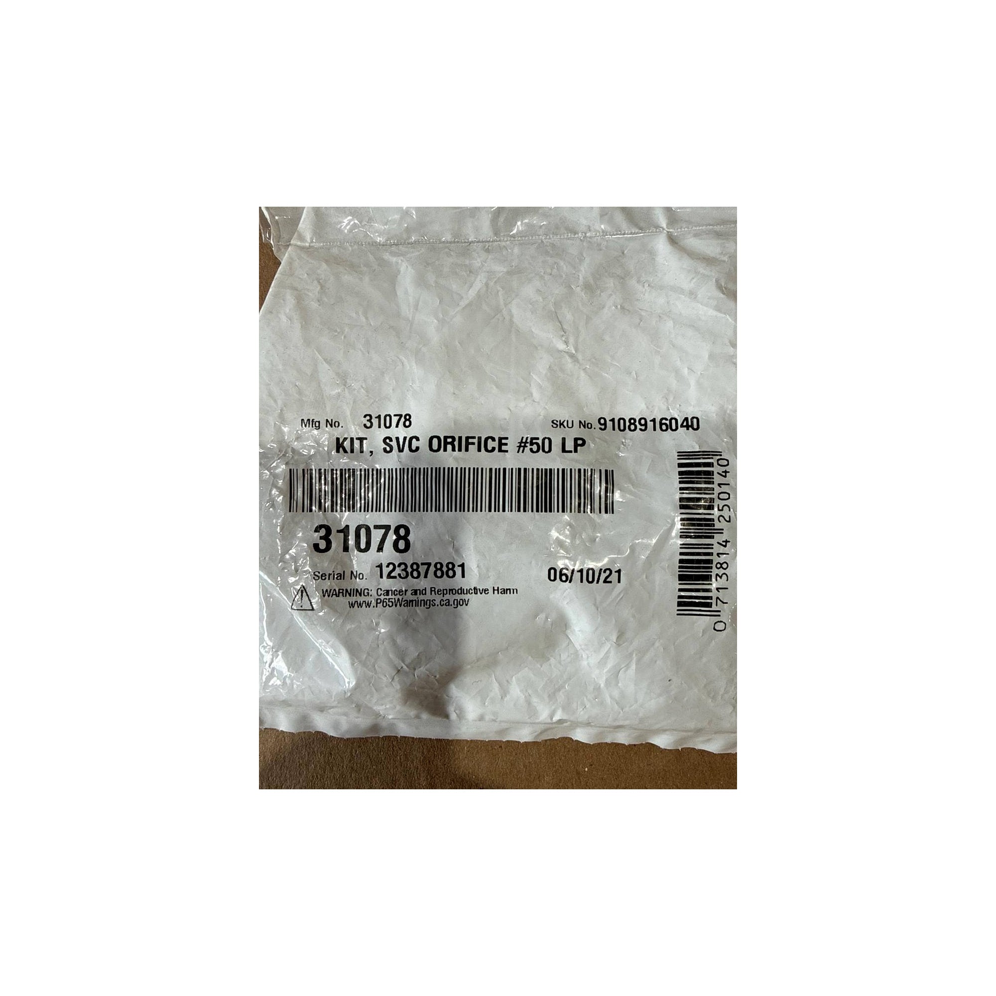 Dometic LP gas orifice #50 package label - SKU 9108916040 / Part# 31078