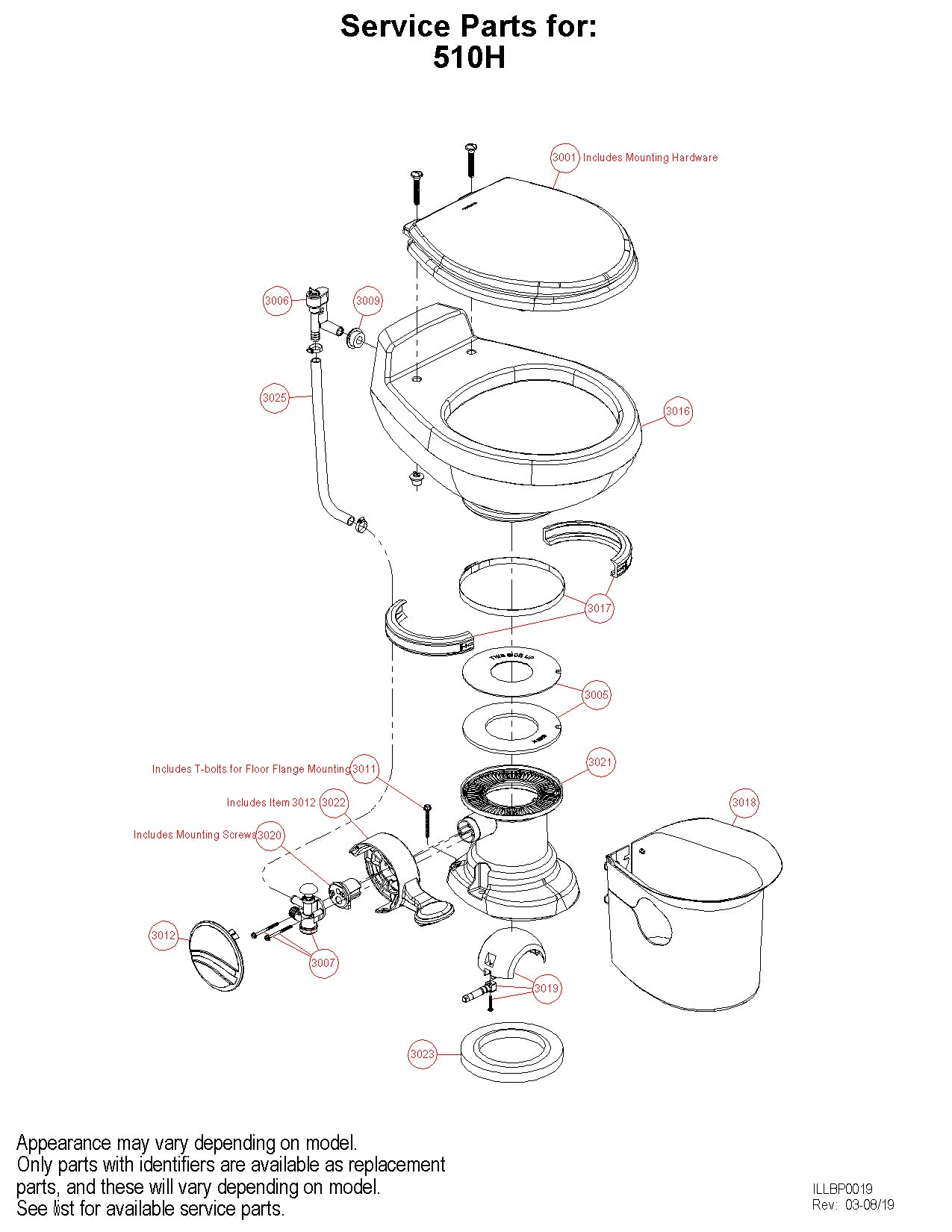 Dometic Traveler 510HPP Bone toilet exploded parts diagram (PNC 958042524)