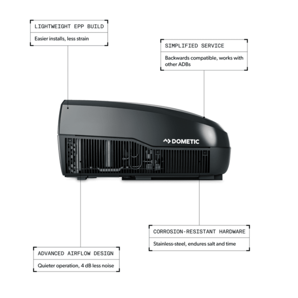 Dometic - FreshJet 3 Commercial Grade RV Rooftop Air Conditioner - 15,000 BTU - Mechanical Controls - Black - 26" x 13.87" x 29.63" - Part# 9610007865 underside/base view