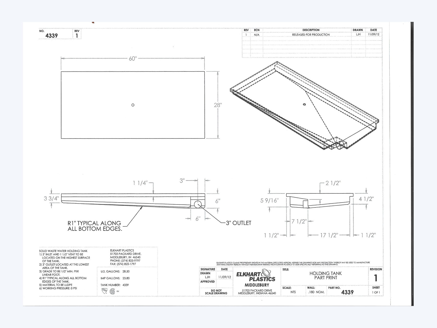 Elkhart Plastics - 30 Gallon RV Holding Tank 60x28x6.125 - EPI 4339 H1259000 Black Polyethylene OEM reference close