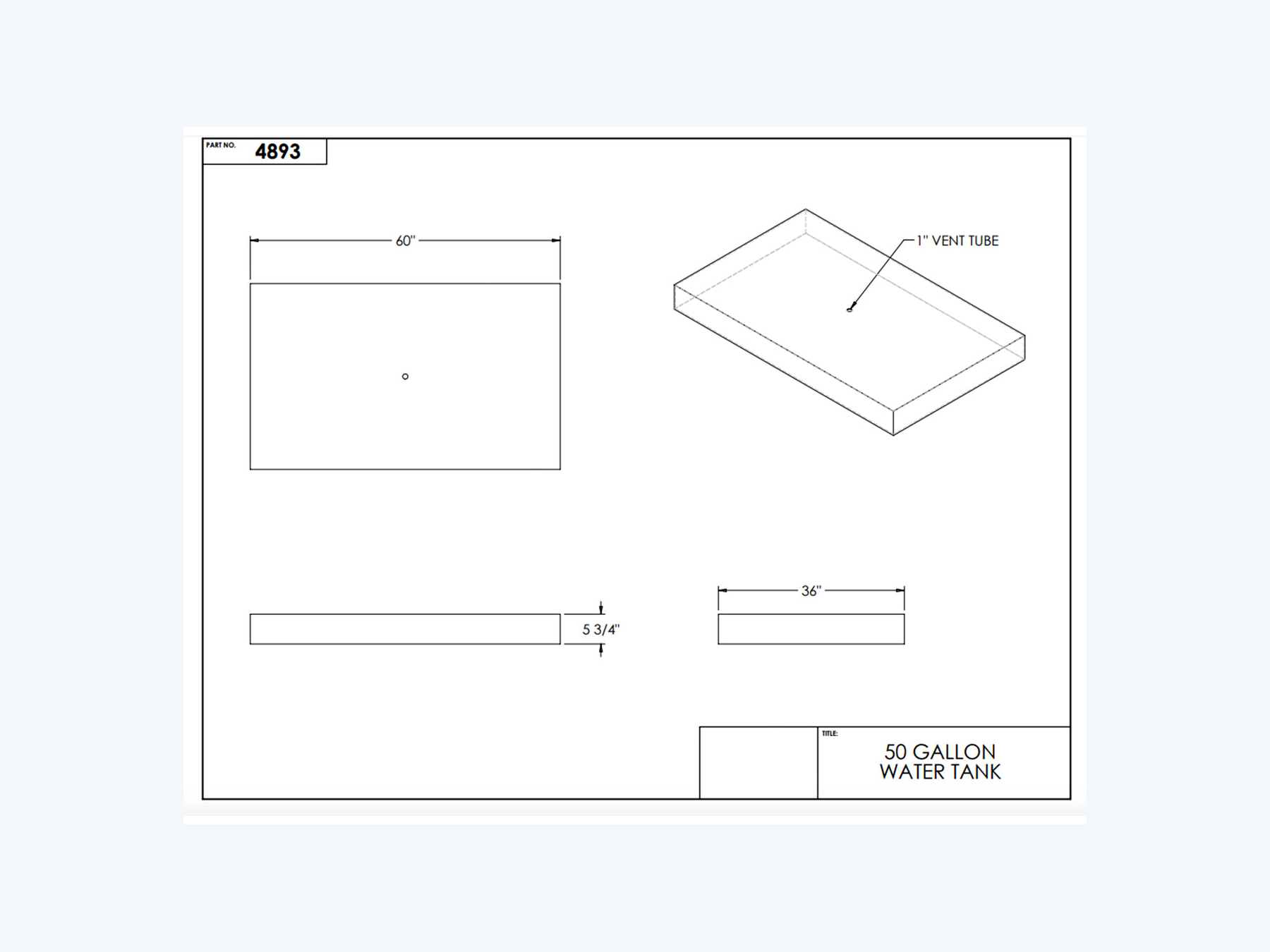 Elkhart Plastics - 50 Gallon RV Fresh Water Tank 60x36x5.75 - 4893/W1404000 - Low Profile Blank Tank side