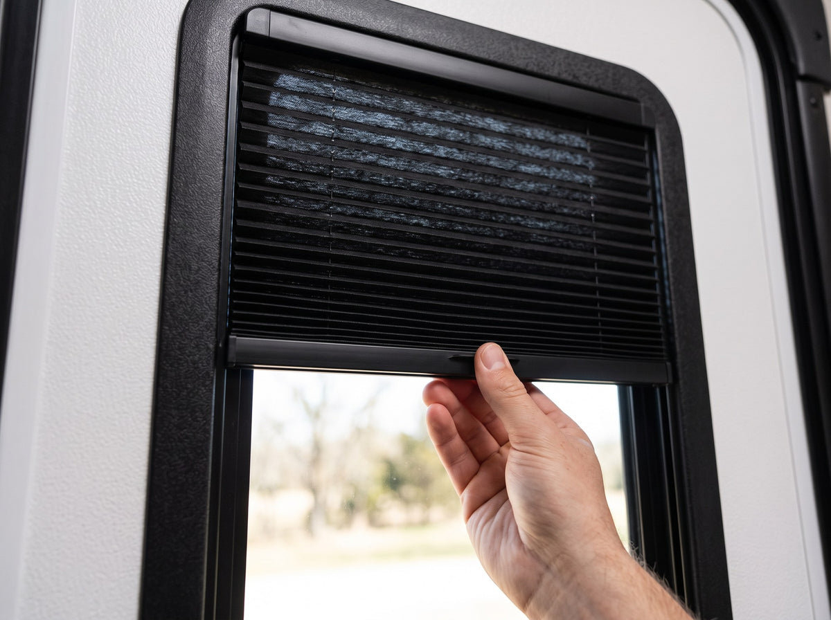 Hand sliding a black cellular shade down inside an RV entry door window frame